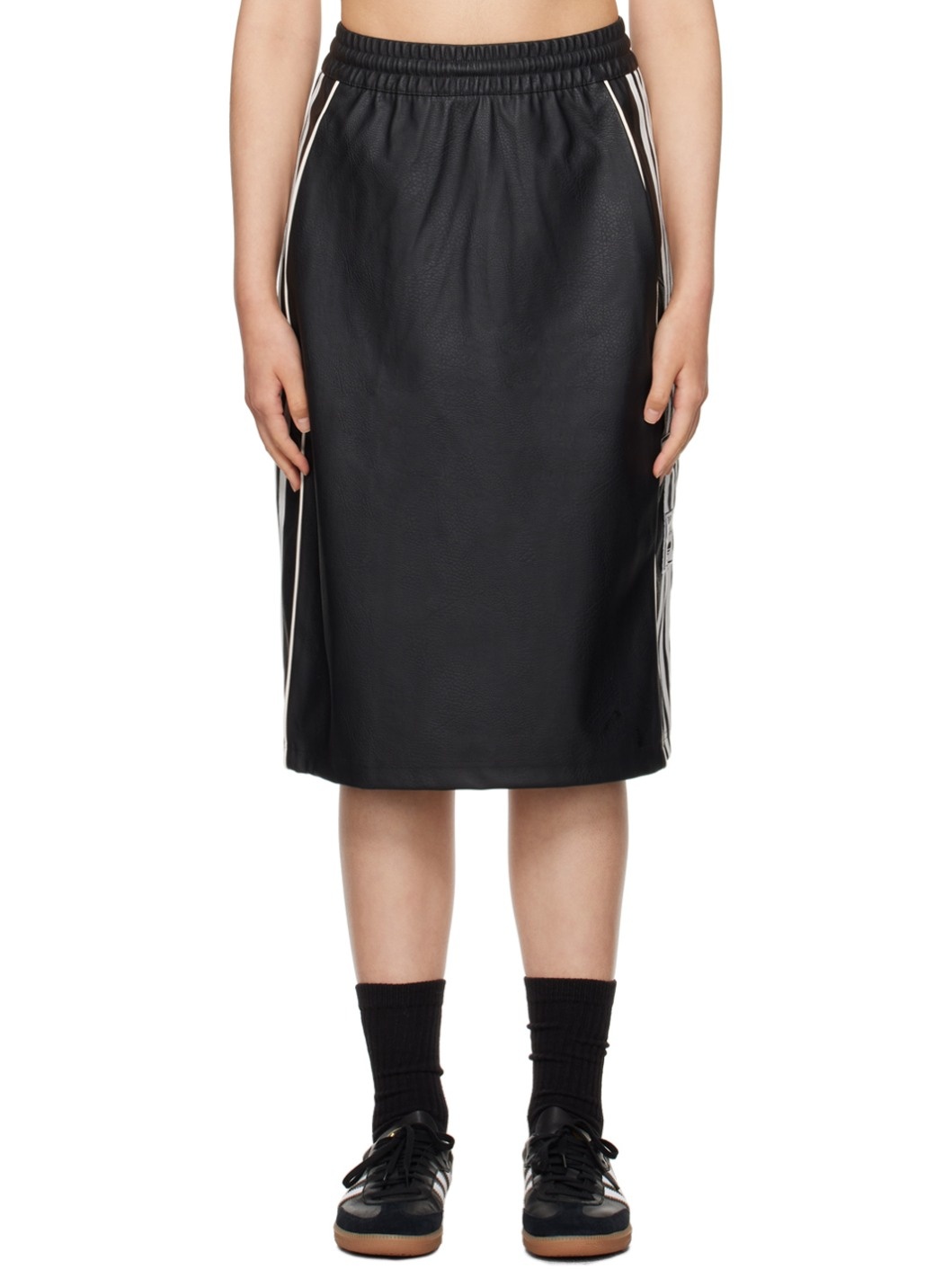 Black Striped Faux-Leather Midi Skirt - 1