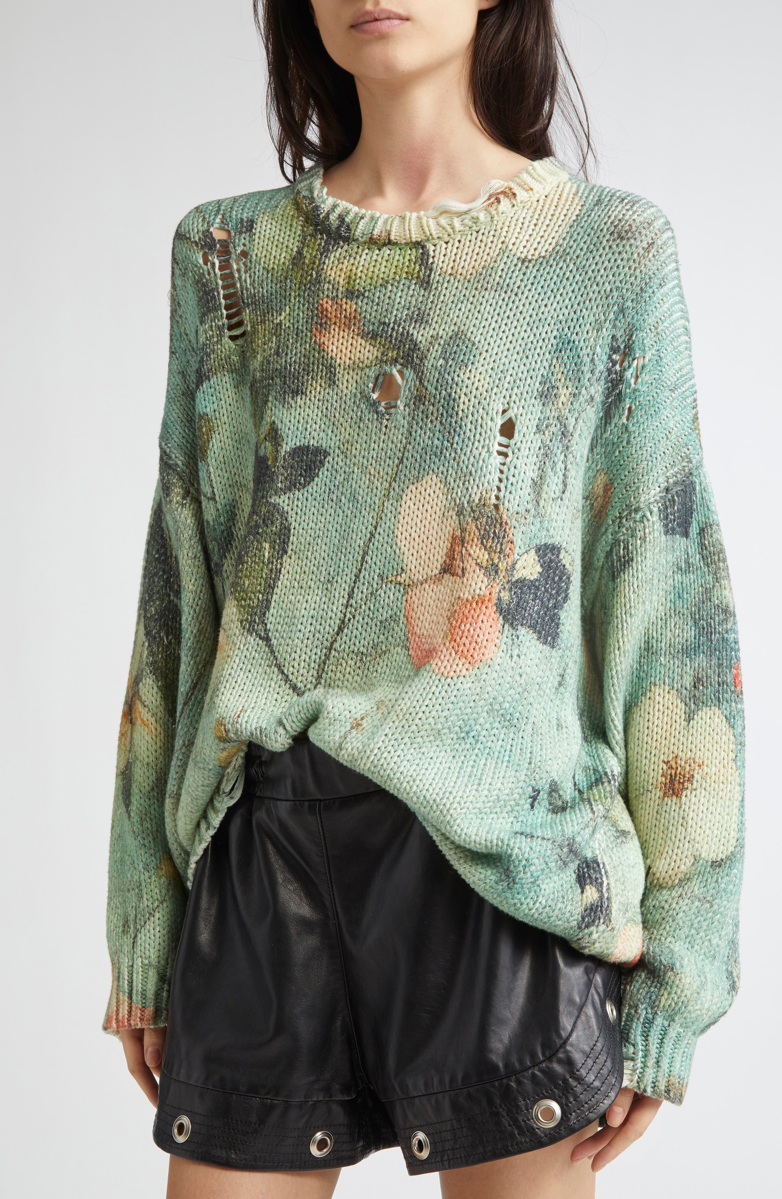 R13 Ripped Floral Oversize Cotton Sweater in Turquoise Floral at Nordstrom - 5