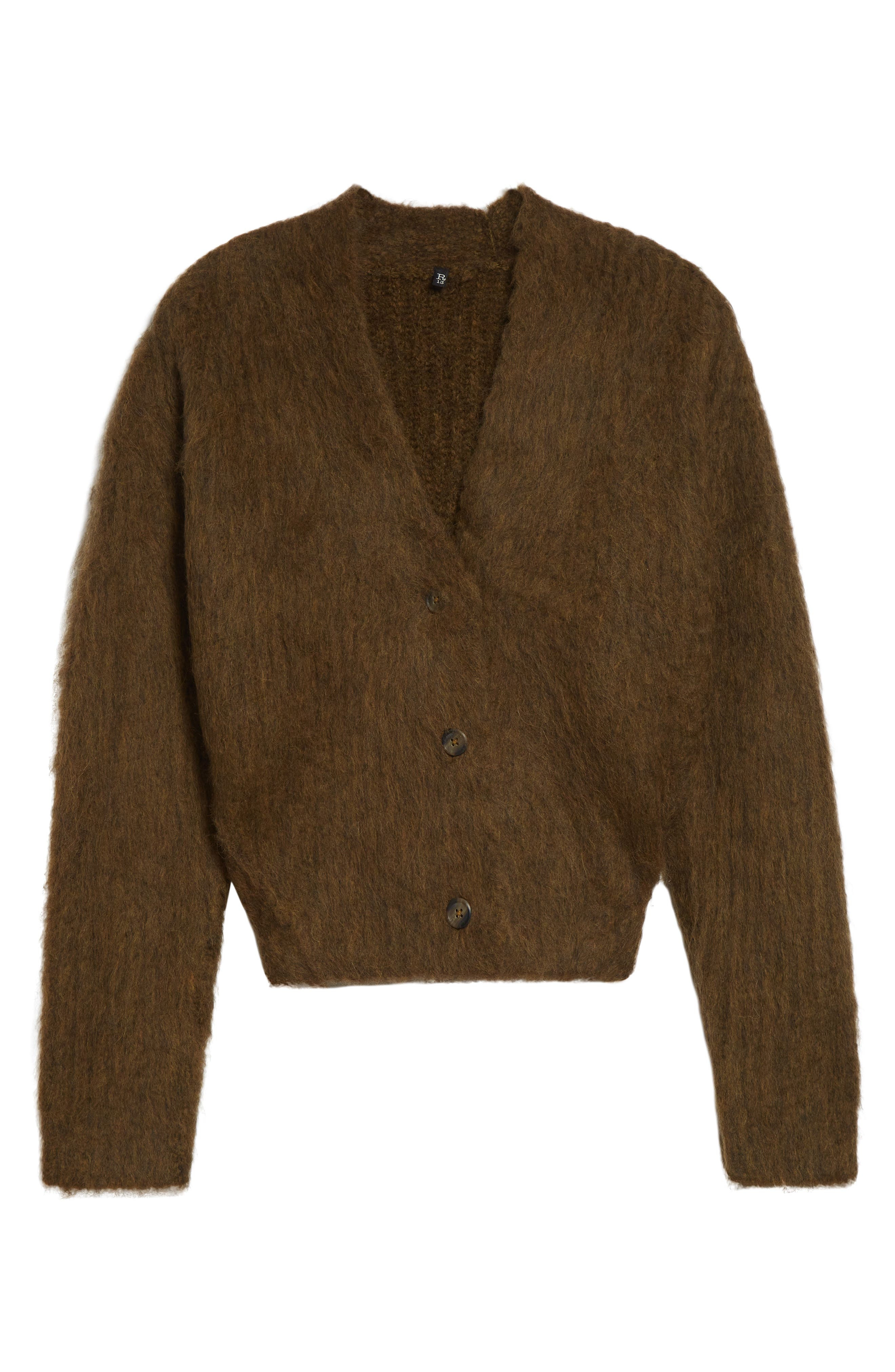 R13 Split Hem Rib Alpaca & Wool Blend Cardigan in Heather Olive Green at Nordstrom - 6