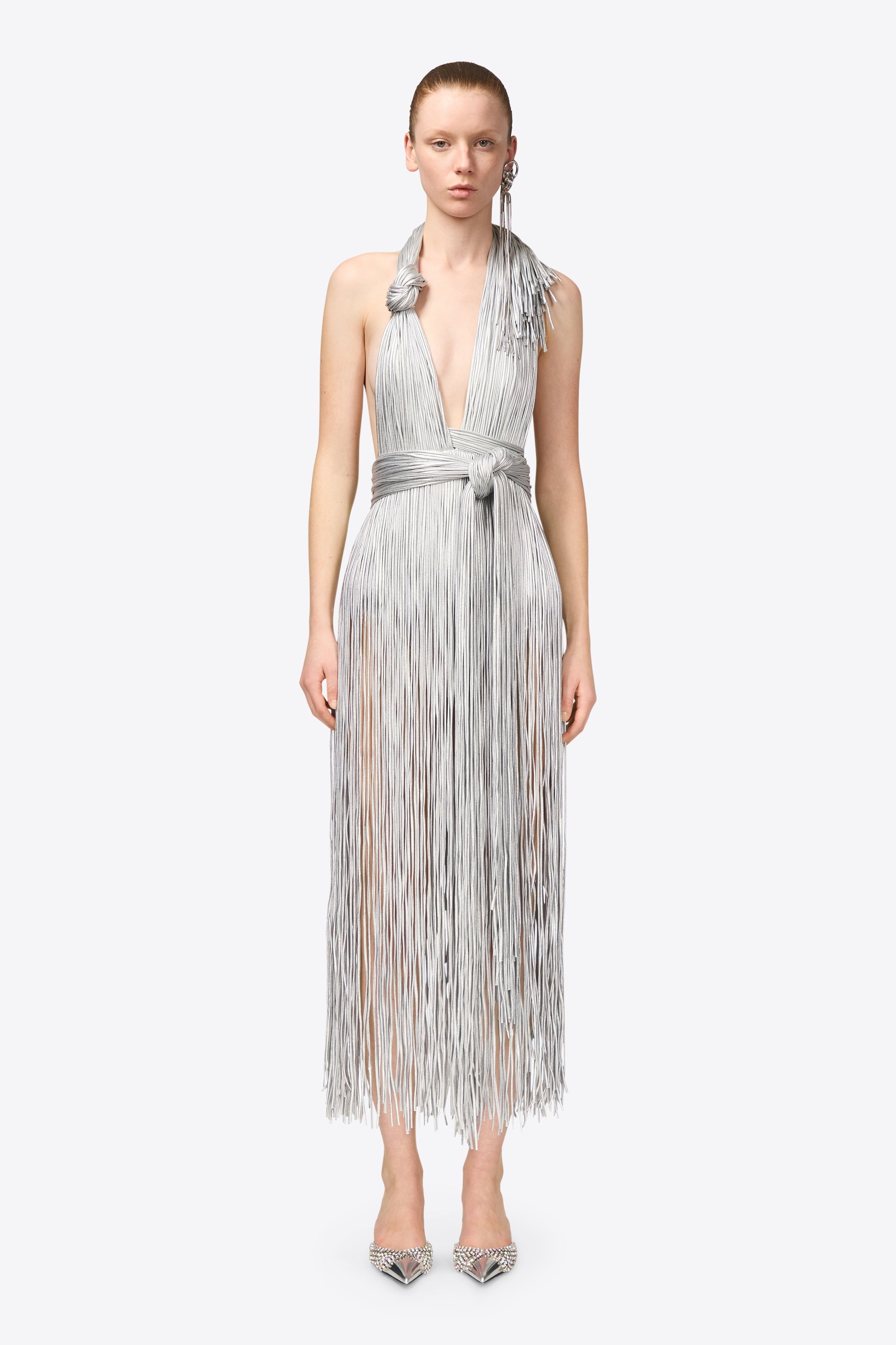 METALLIC FRINGE HALTER MIDI DRESS - 3