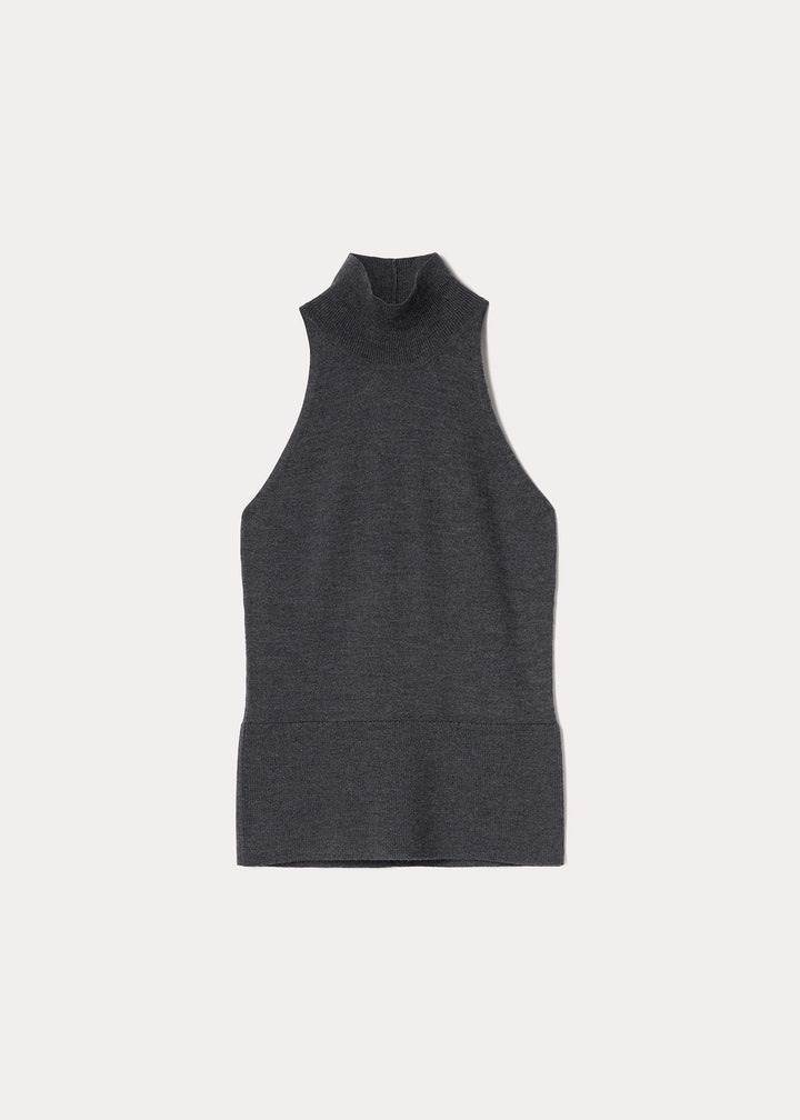 Ribbed neck wool top dark grey mélange - 1