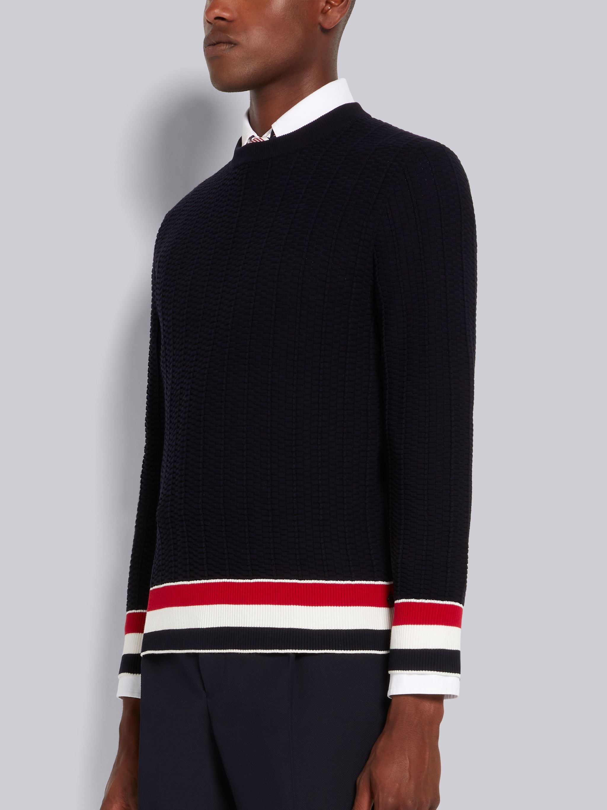 Navy Textured Cotton Stripe Rib Crew Neck Pullover - 2