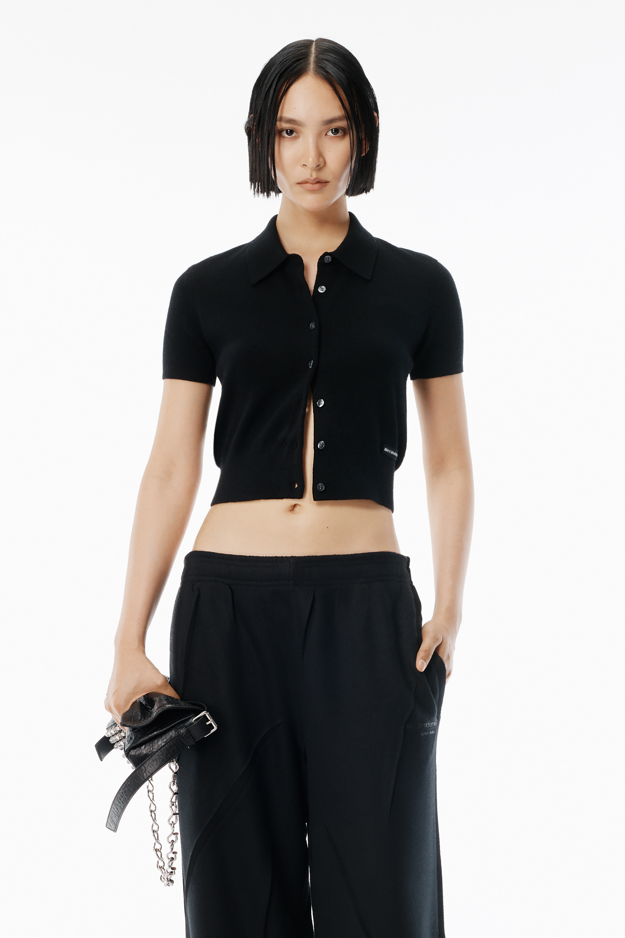 Black Wool Short Sleeve Polo Cardigan - 2