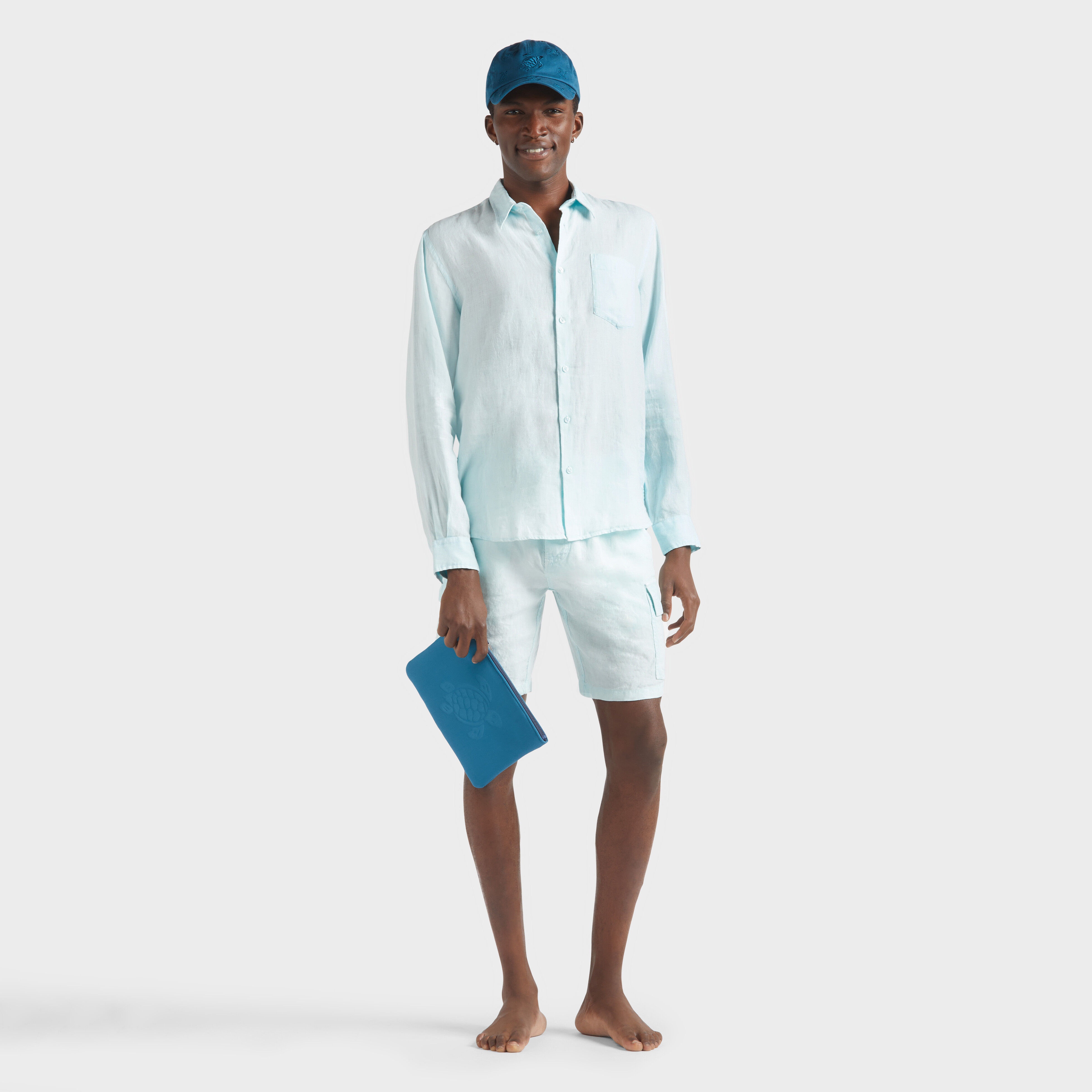 Men Linen Bermuda Shorts Cargo Pockets Natural Dye - 5