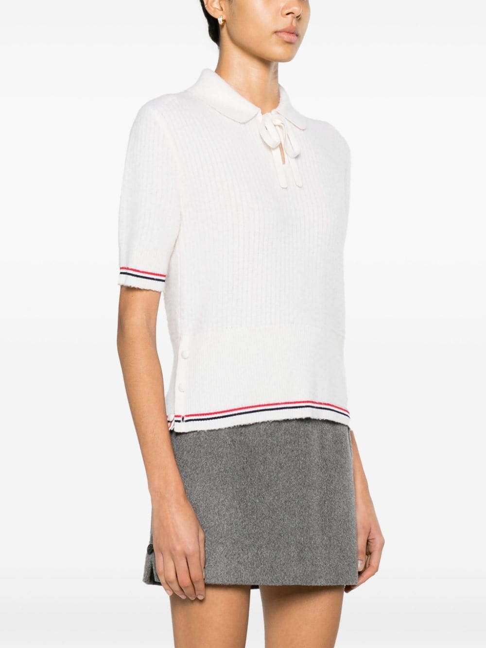 THOM BROWNE Women Brushed Tuck Stitch SS Polo With Keyhole Neckline In Merino Wool W/Rwb Stripe - 1