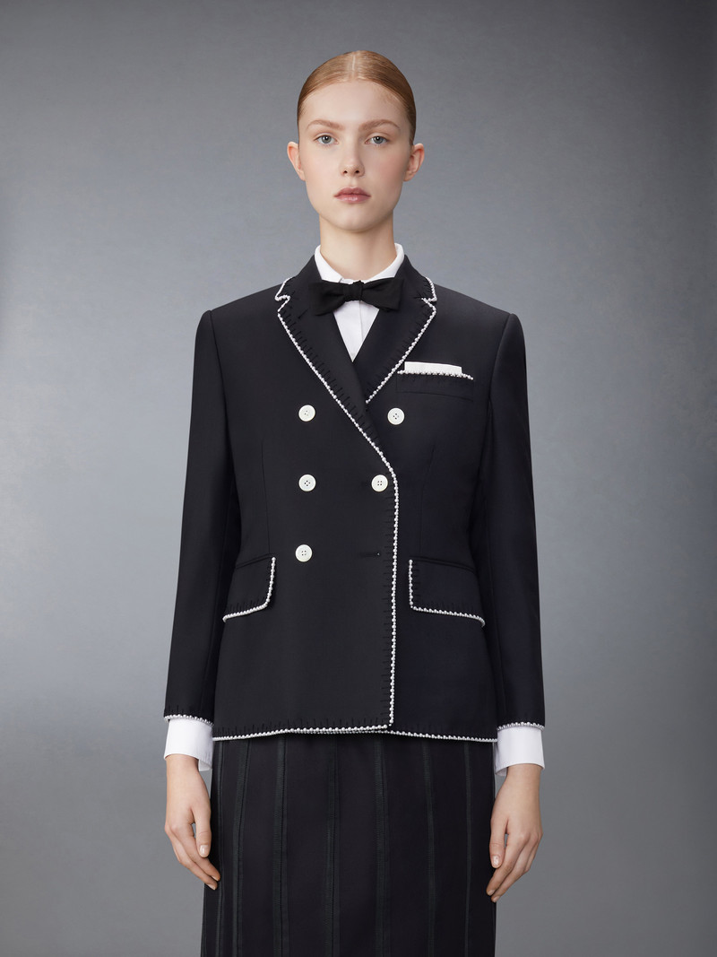 Thom Browne FIT 1 - DOUBLE BREASTED CLASSIC SPORT COAT W/ BLANKET STITCH PEARLS ON SUPER 120'S WOOL TWILL outlook