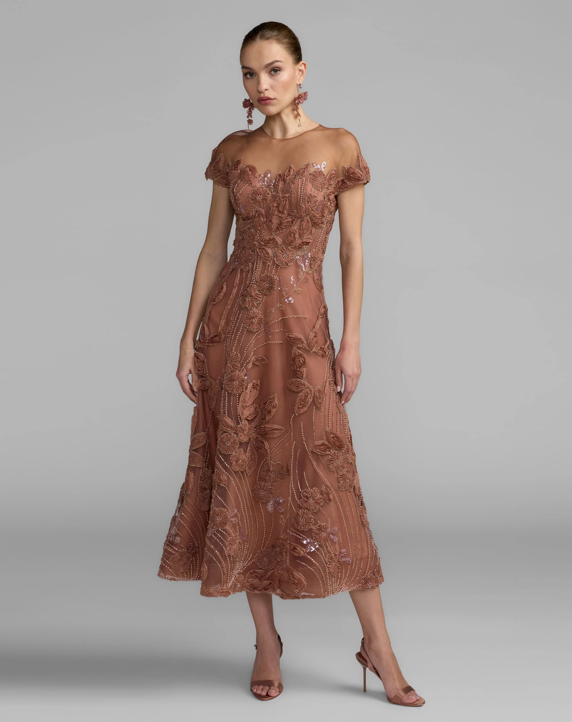 Rust Embellished Lace Illusion Cocktail Dress - 1
