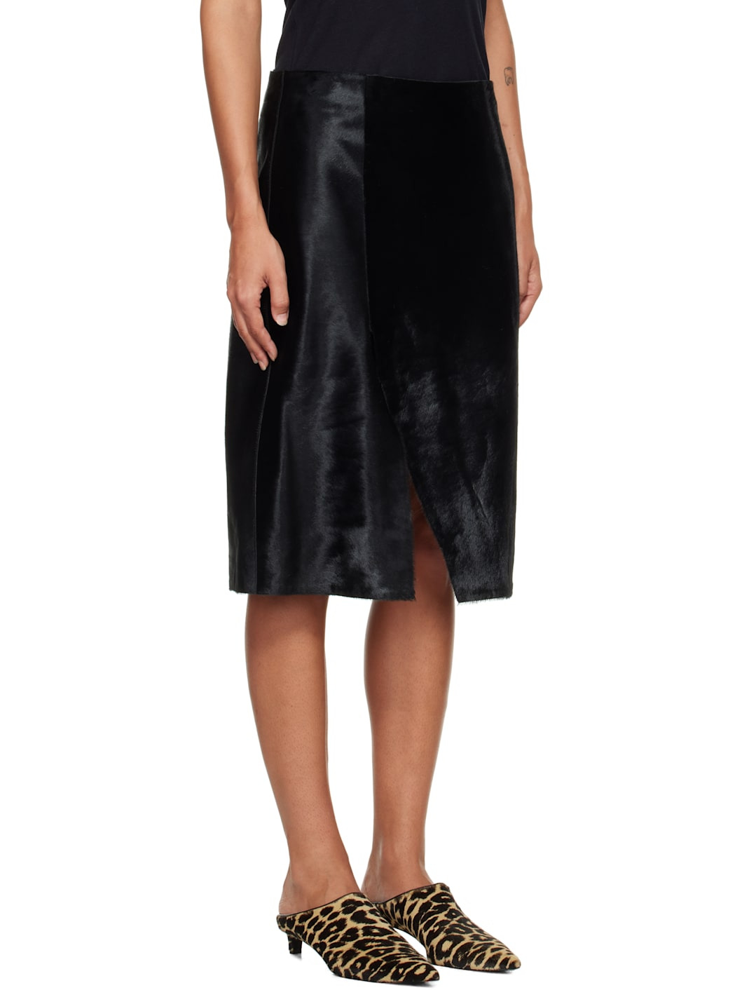 Black Myra Asymmetrical Pony-Effect Leather Midi Skirt - 2