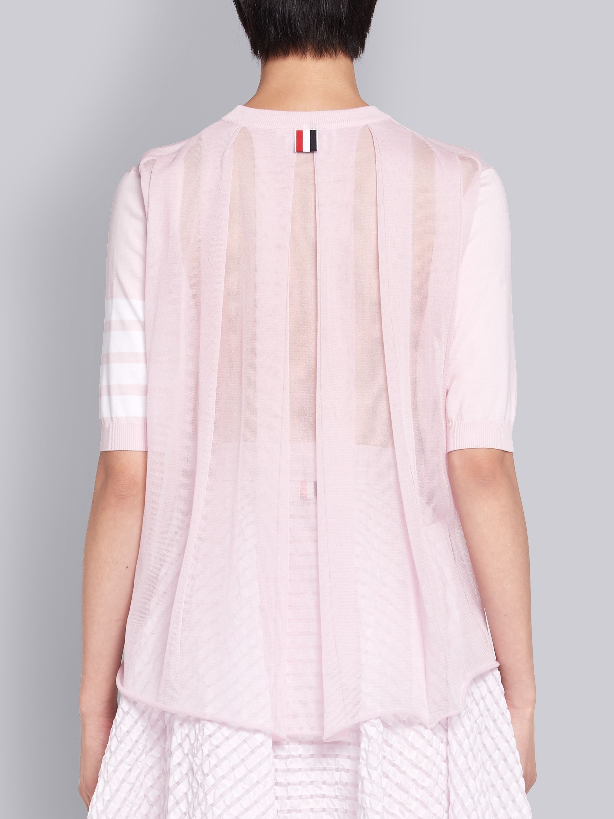 Pink Silk Cotton Blend Sheer Pleated Back 4-Bar Stripe Tee - 3