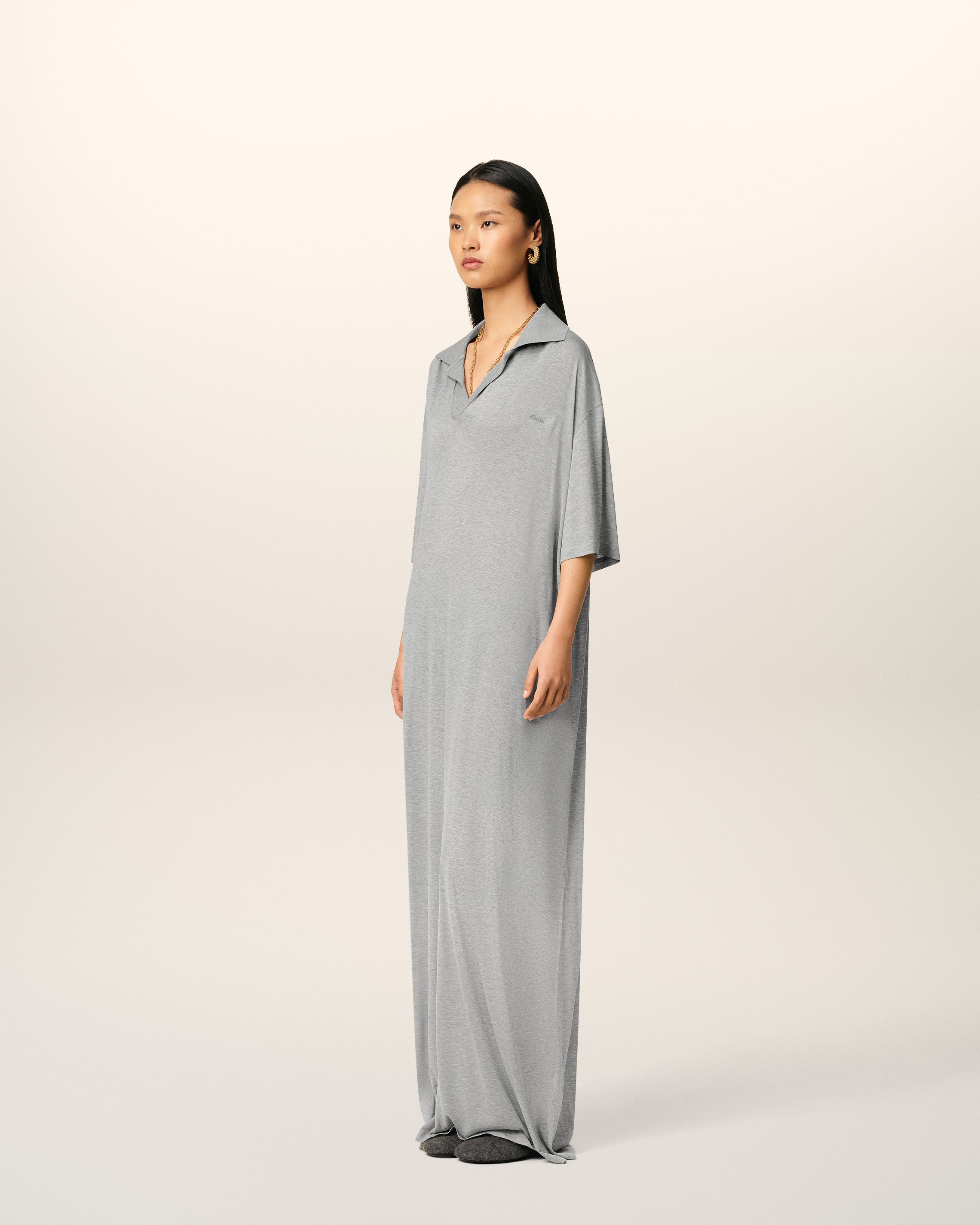 GREY COTTON SHORT SLEEVE LONG POLO DRESS - 6