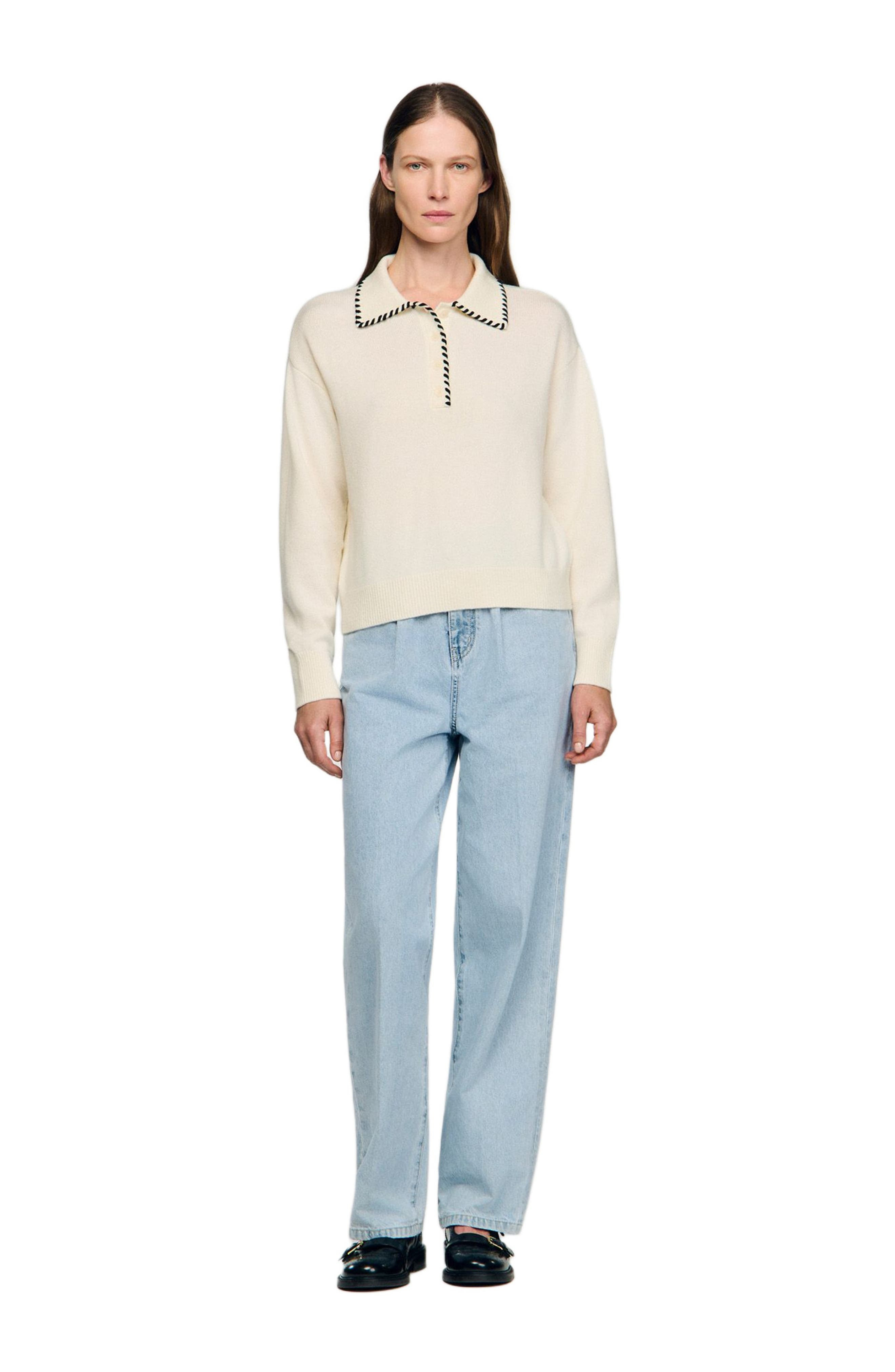 SANDRO Contrast polo-neck knit sweater in Ecru /Black at Nordstrom - 3