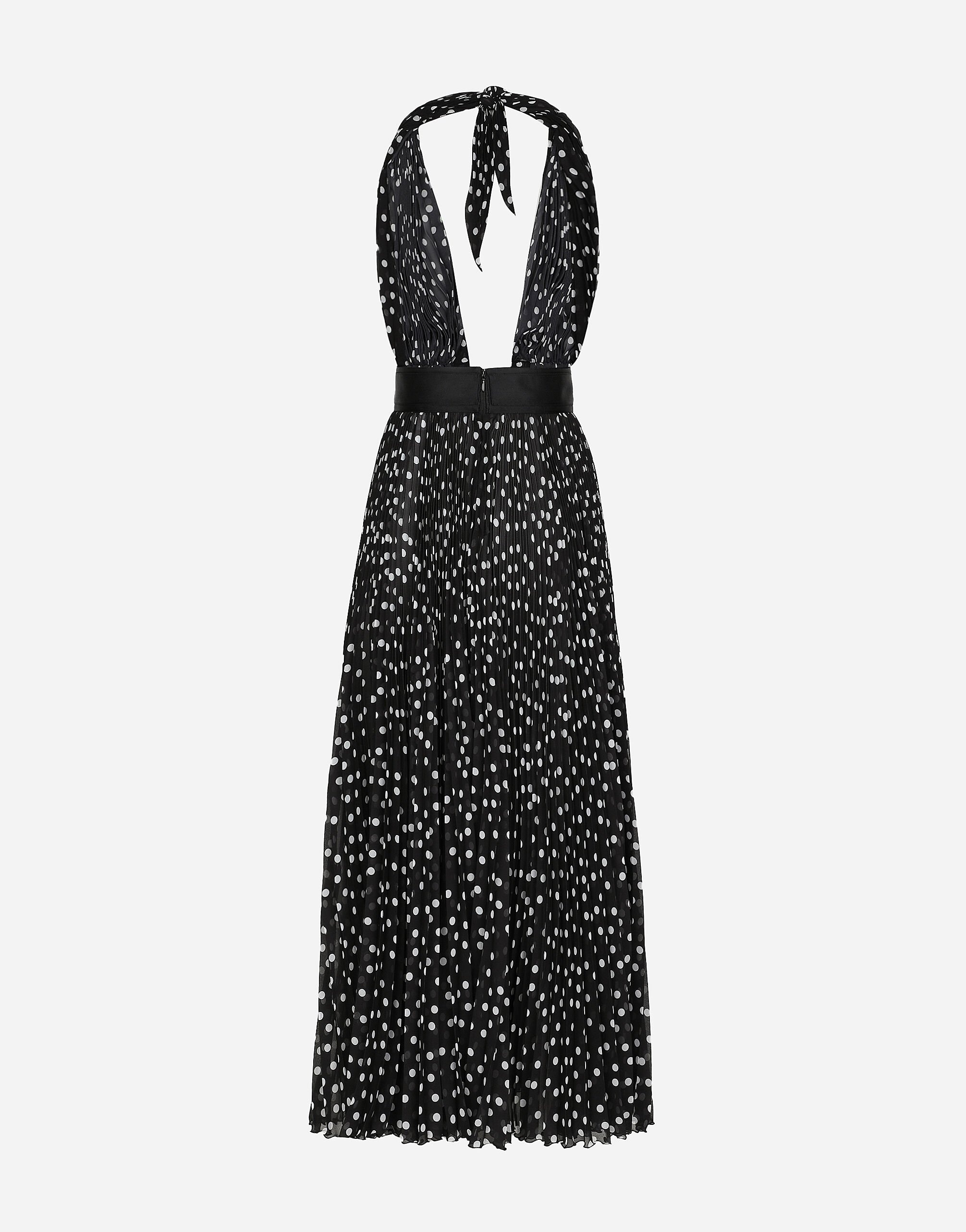 Chiffon calf-length dress with plunging neckline and polka-dot print - 2