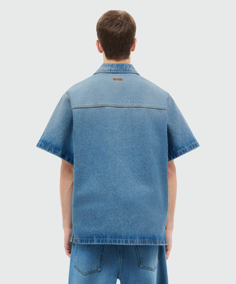 Light-wash denim short-sleeve shirt with localized distressing 3