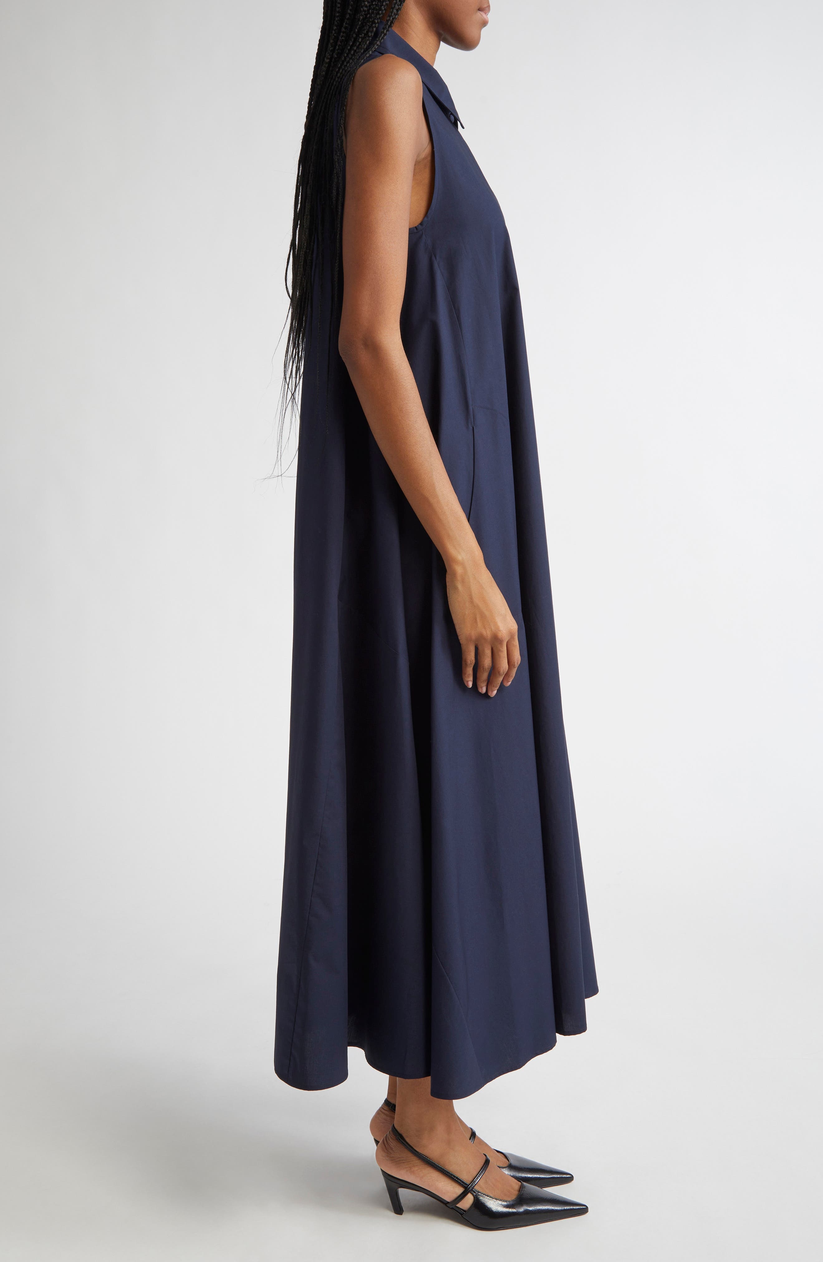 Emporio Armani Sleeveless Cotton Poplin Trapeze Dress in Solid Dark Blue at Nordstrom - 3