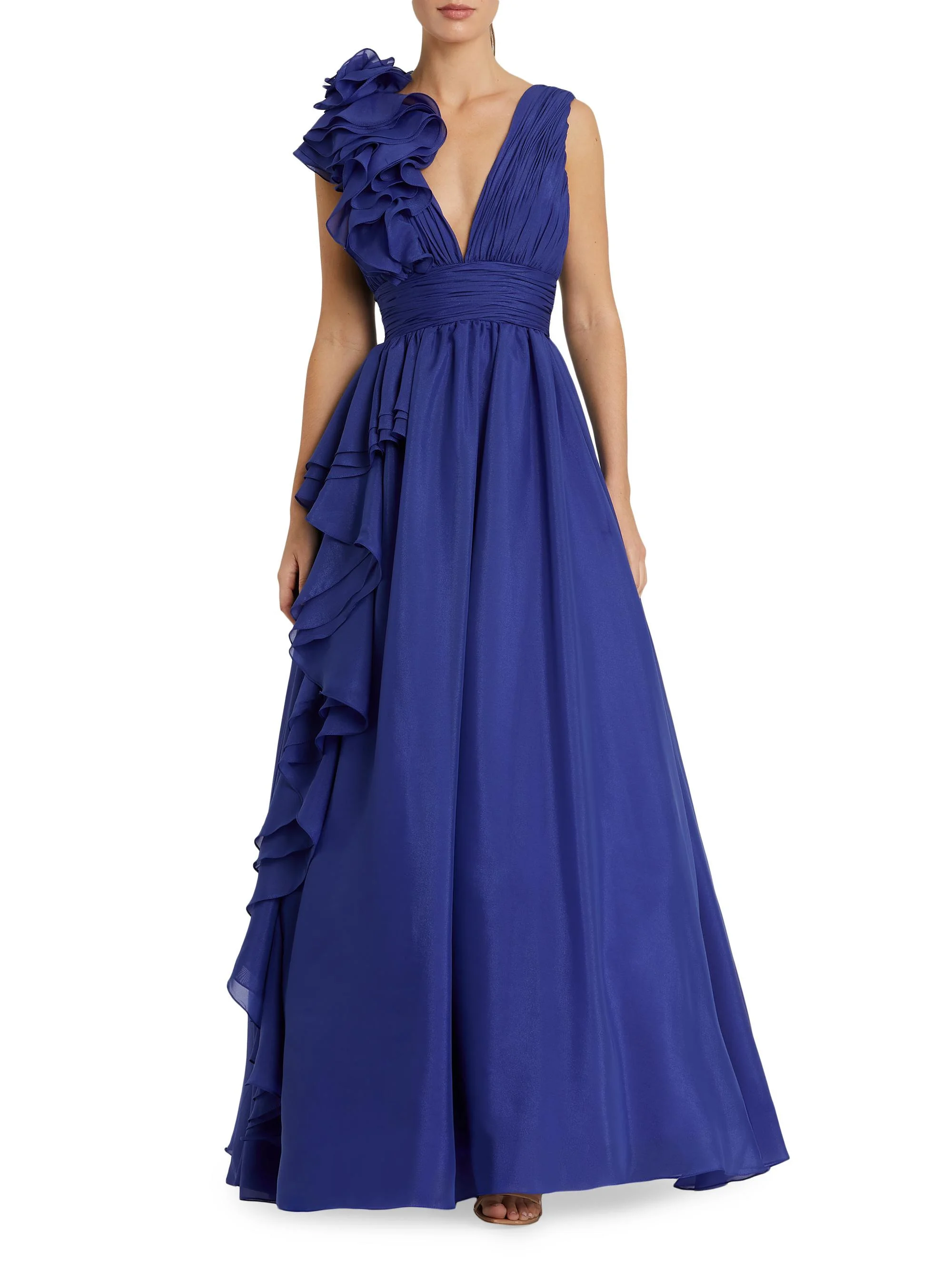 Women's Ruffle Shoulder V-Neck Gown - Cobalt - 1