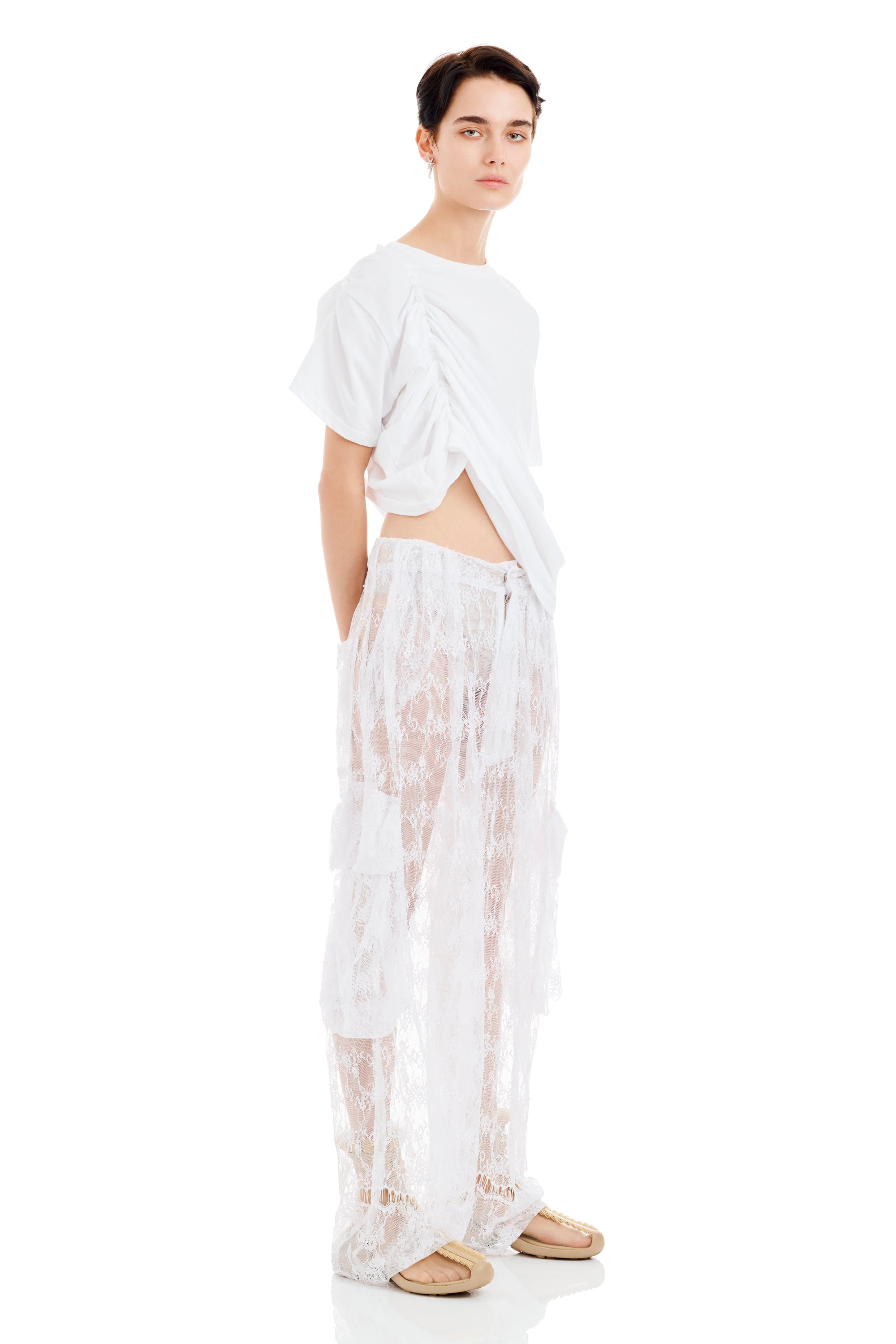 WHITE LACE PLEATED CARGO PANT - 6