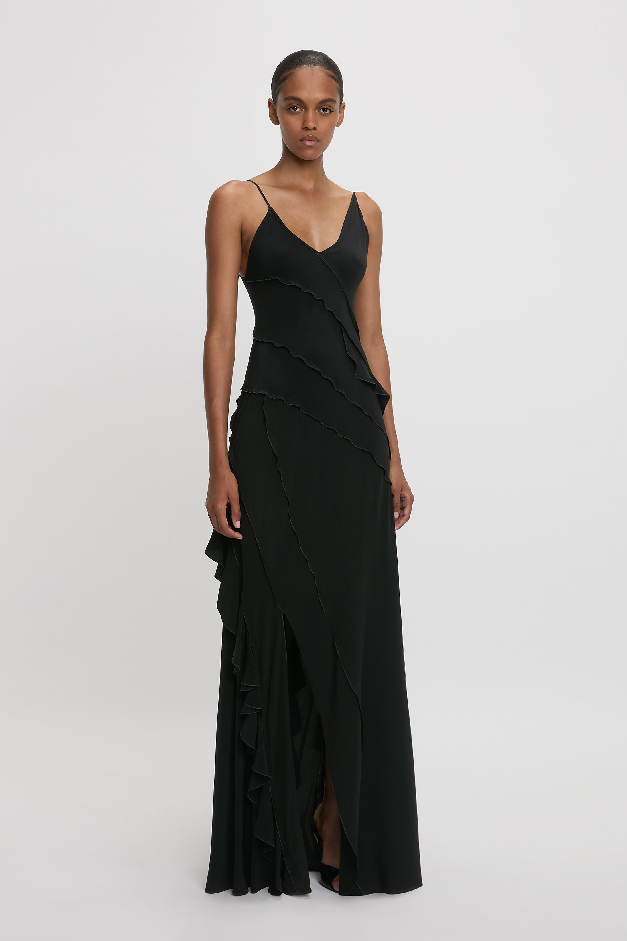Exclusive Asymmetric Bias Frill Dress In Black - 3