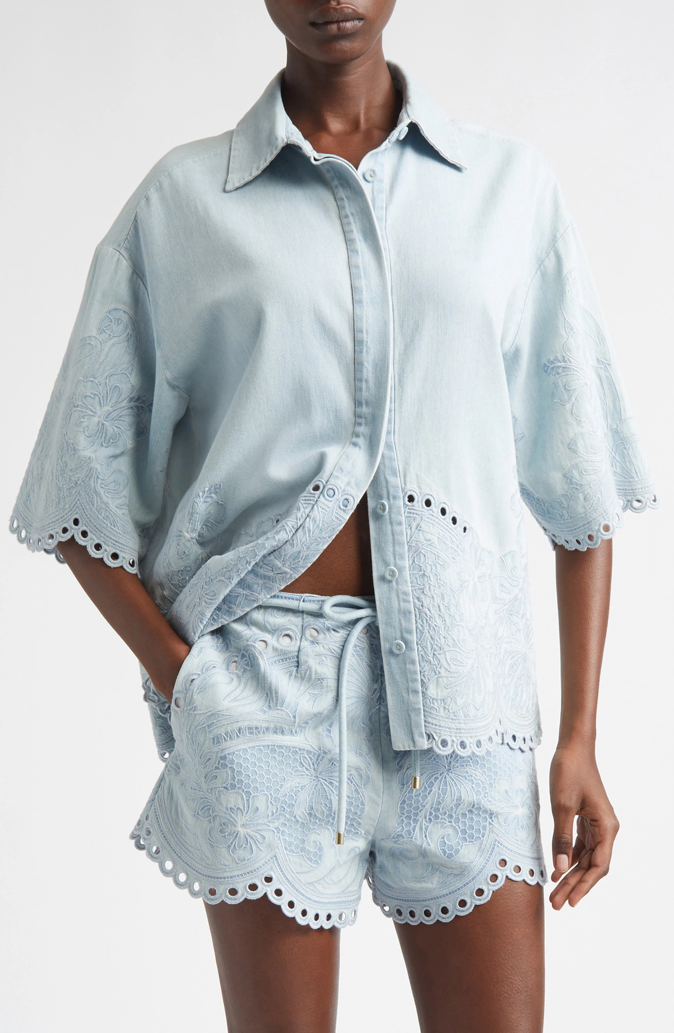 Zimmermann Daylight Embroidered Denim Shirt in Ice Storm at Nordstrom - 1