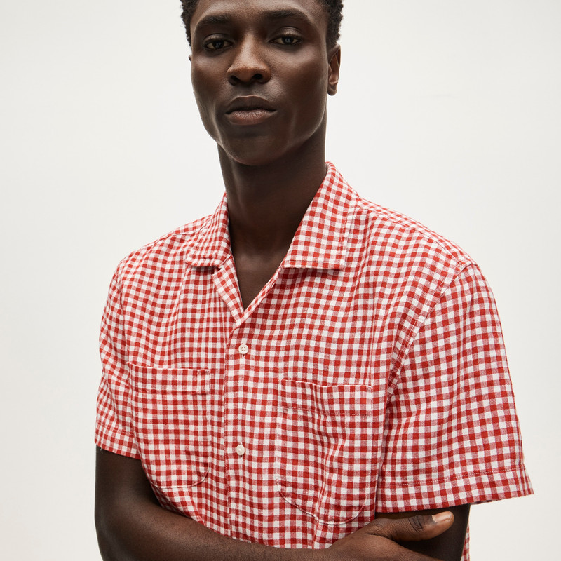 Short-sleeve linen camp-collar shirt in gingham 3
