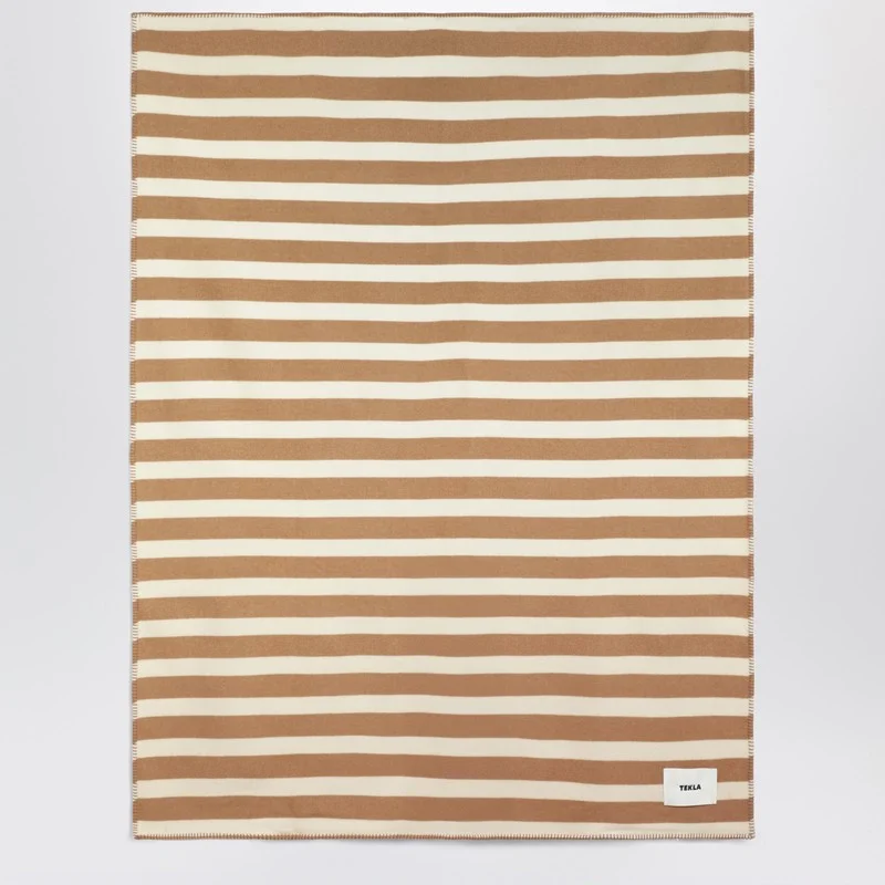 Ivory and beige striped wool blanket 130x180 - 1