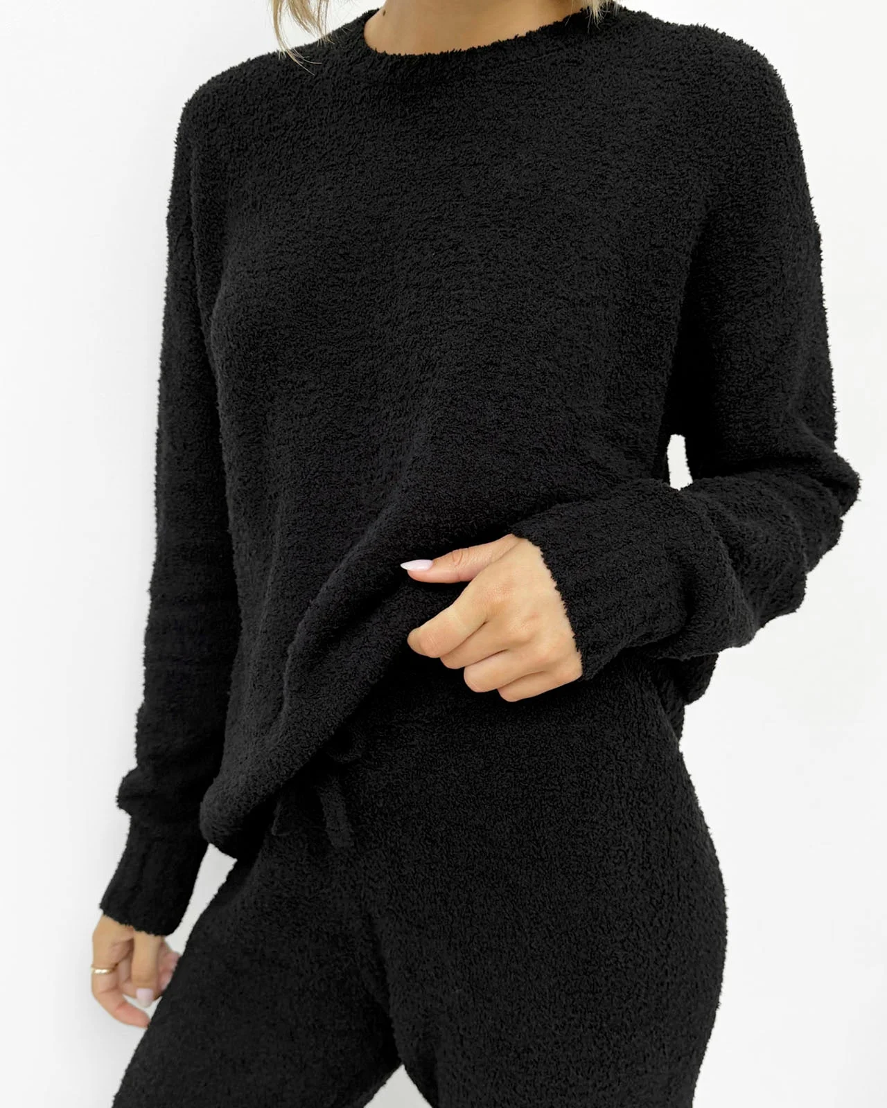 Black Fuzzy Sweater PJ Set - 1