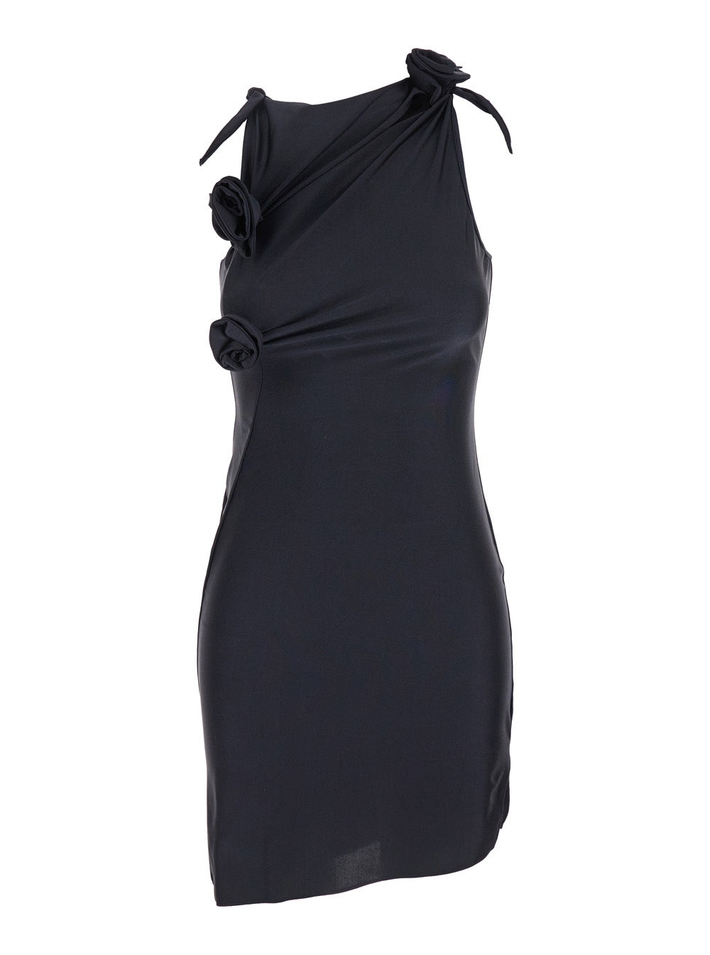 Coperni Women Black Asymmetric Sleeveless Mini Dress With Floral Detail And Cut-Out On The Front In  - 1