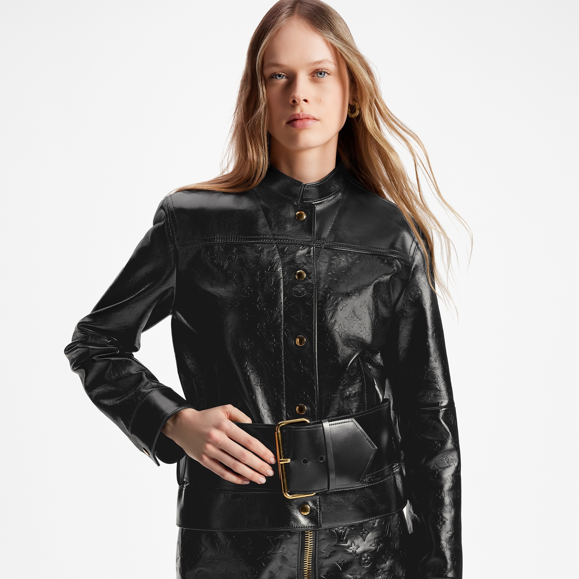 Oversized Belt Embossed Monogram Leather Jacket - 5