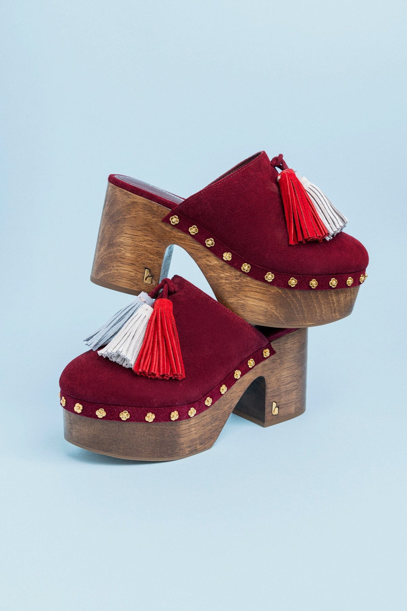 Larroudé Miso Wooden Tassel Clog In Burgundy Suede outlook