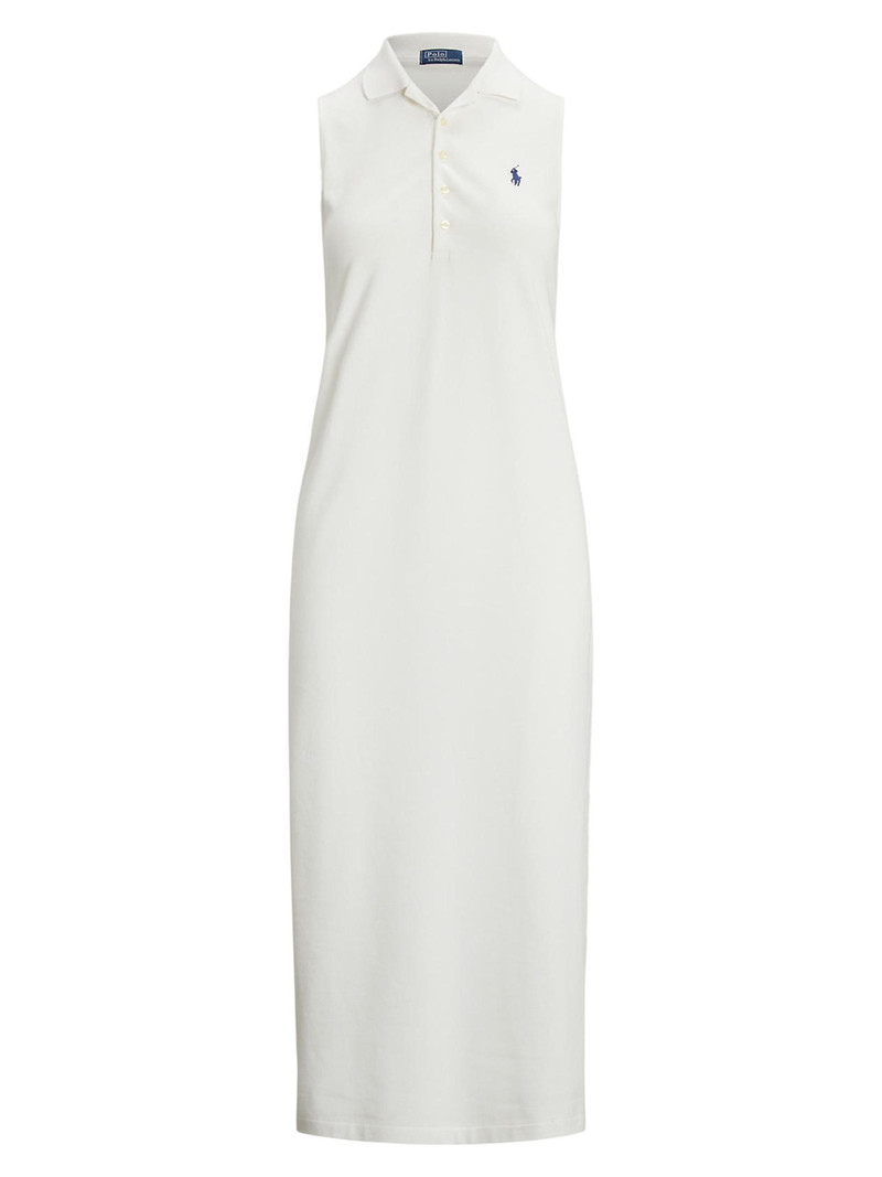 Women's Stretch-Cotton Mesh Midi-Polo Dress - White 1