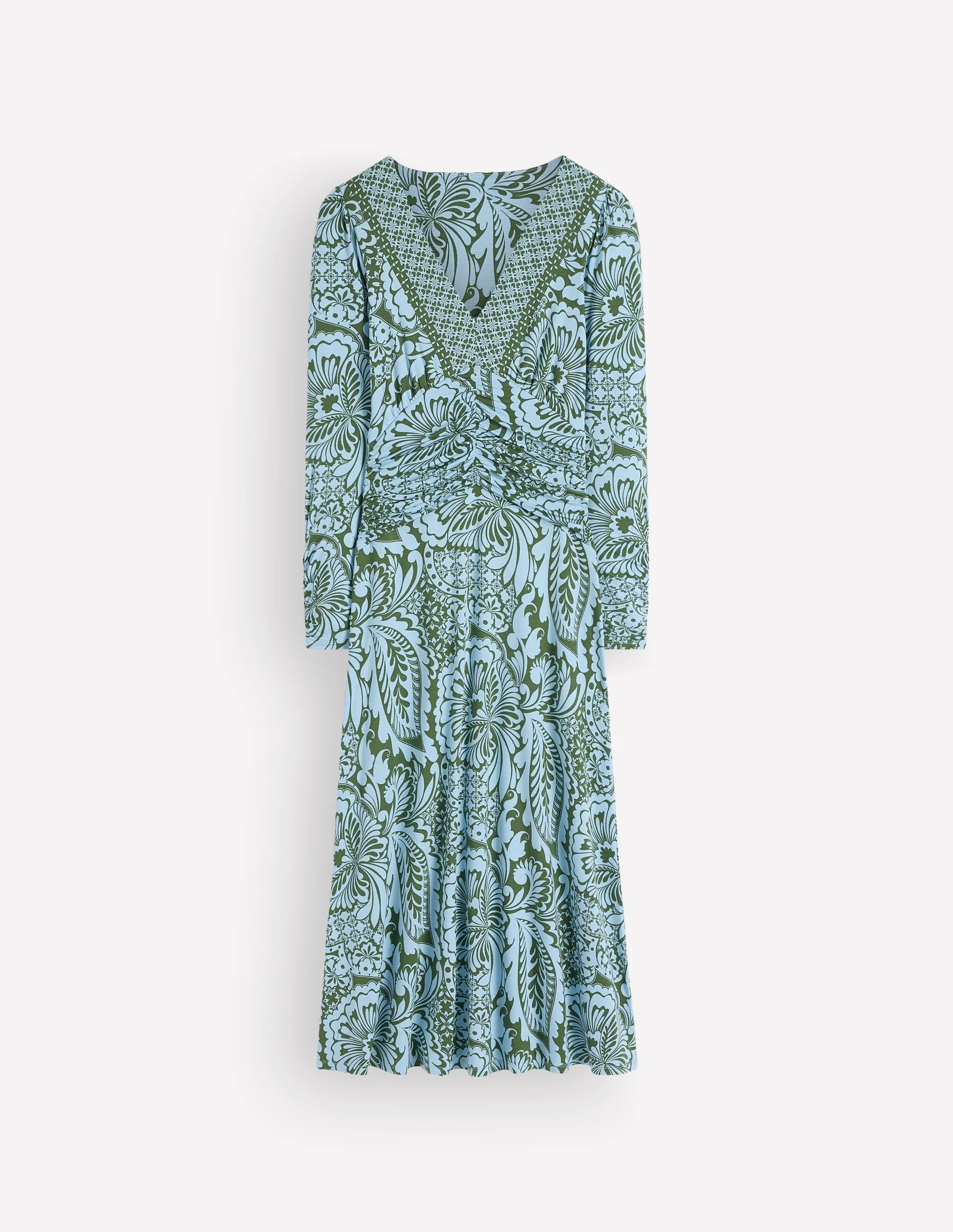 Mya Ruched Jersey Midi Dress-Forest Green, Botanical Medley - 1