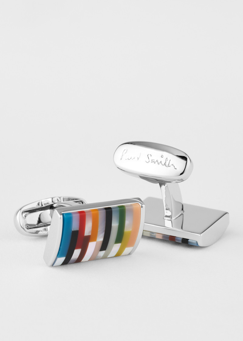 Paul Smith Silver 'Signature Stripe' Curve Cufflinks outlook