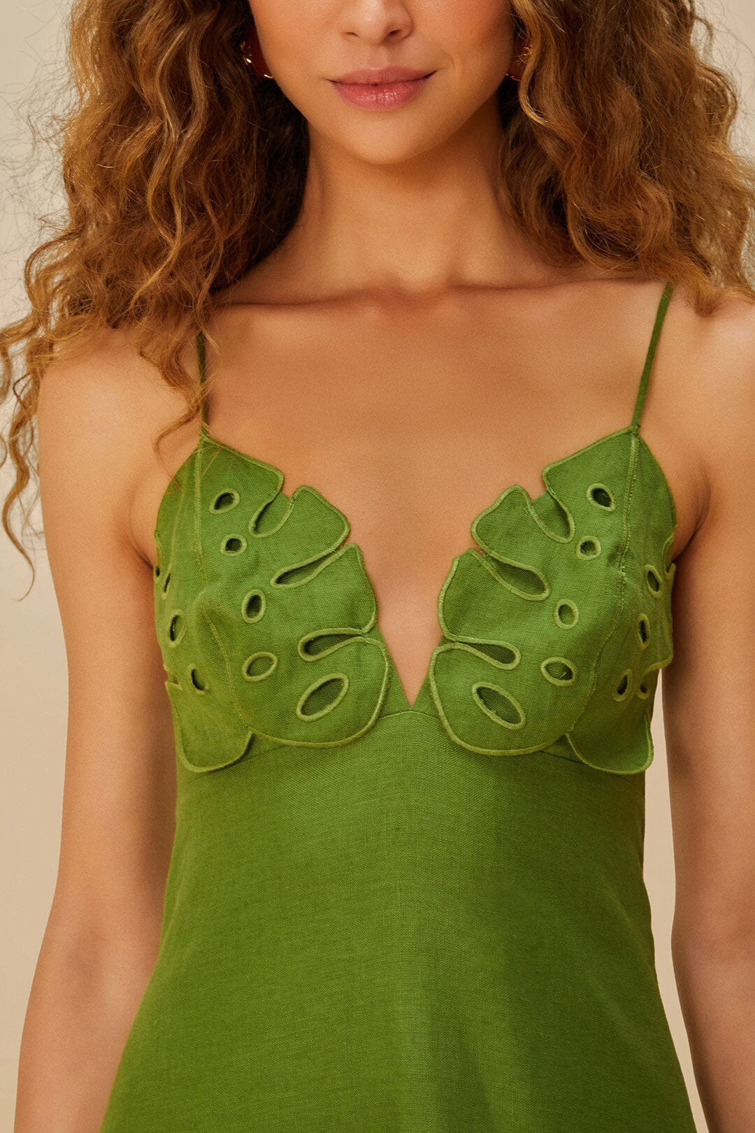 Green Monstera Embroidered Euroflax™ Premium Linen Midi Dress - 3