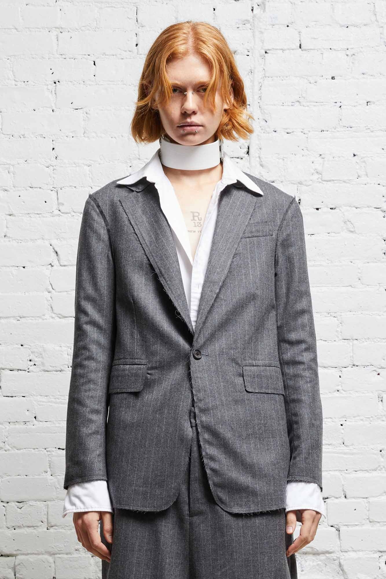 SHRUNKEN RAW CUT BLAZER - GREY PINSTRIPE - 2