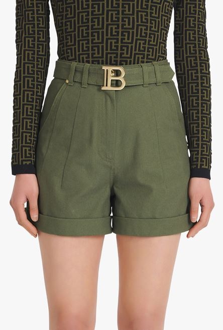 Khaki denim high-waisted shorts with Balmain buckle - 5