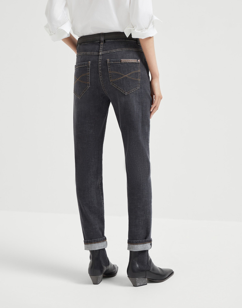 Brunello Cucinelli Stretch denim slim five-pocket trousers with shiny leather tab outlook