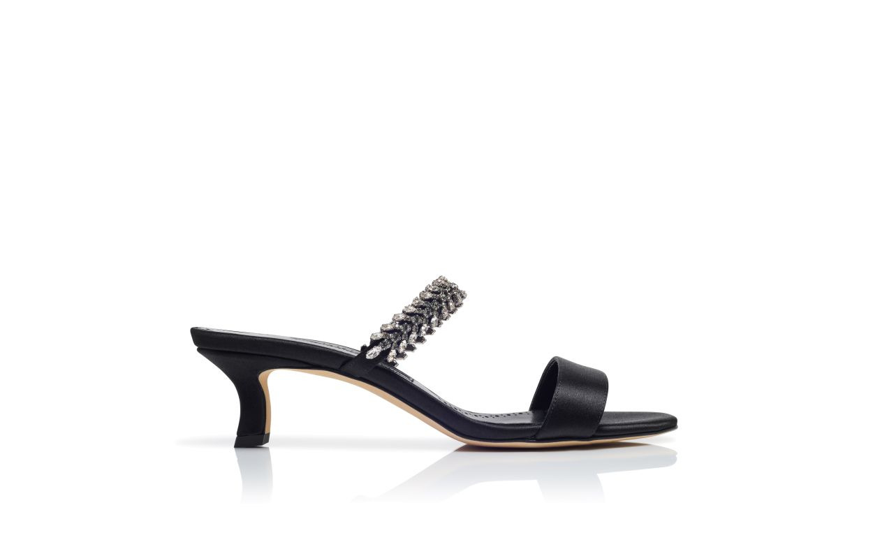 Black Satin Jewel Embellished Mules - 2