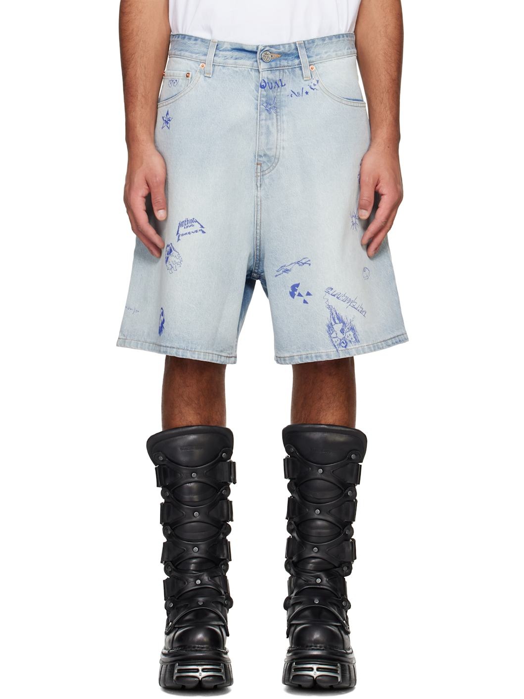 Blue Scribbled Denim Shorts - 1