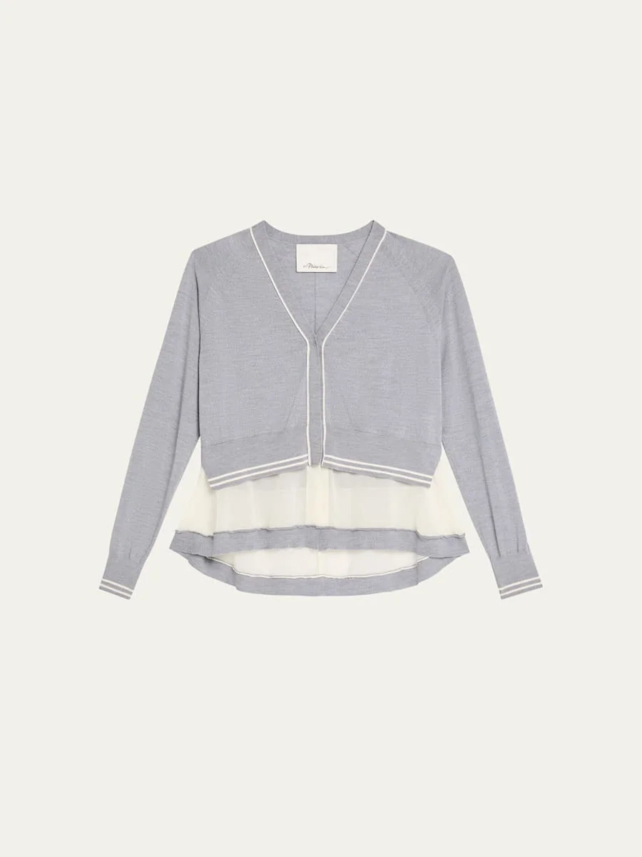 Chiffon-Trim V-Neck Cardigan - 1