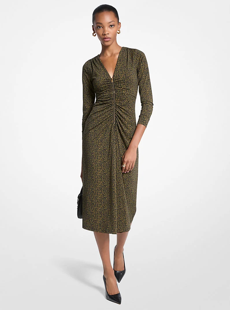 Paisley Print Stretch Matte Jersey Midi Dress - 1