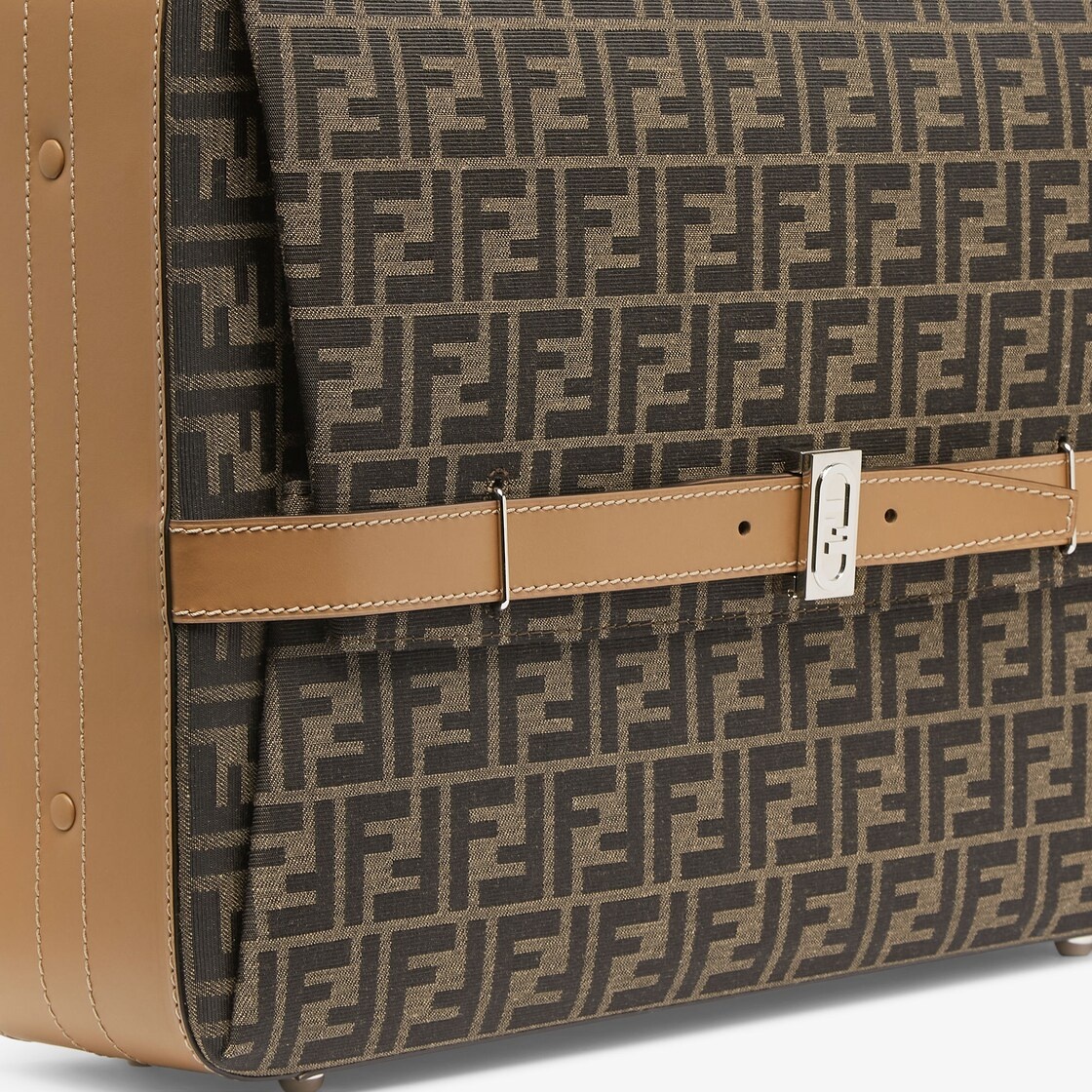 Suitcase with side opening, made of fabric with jacquard FF motif and beige leather. Snap clasp with - 5