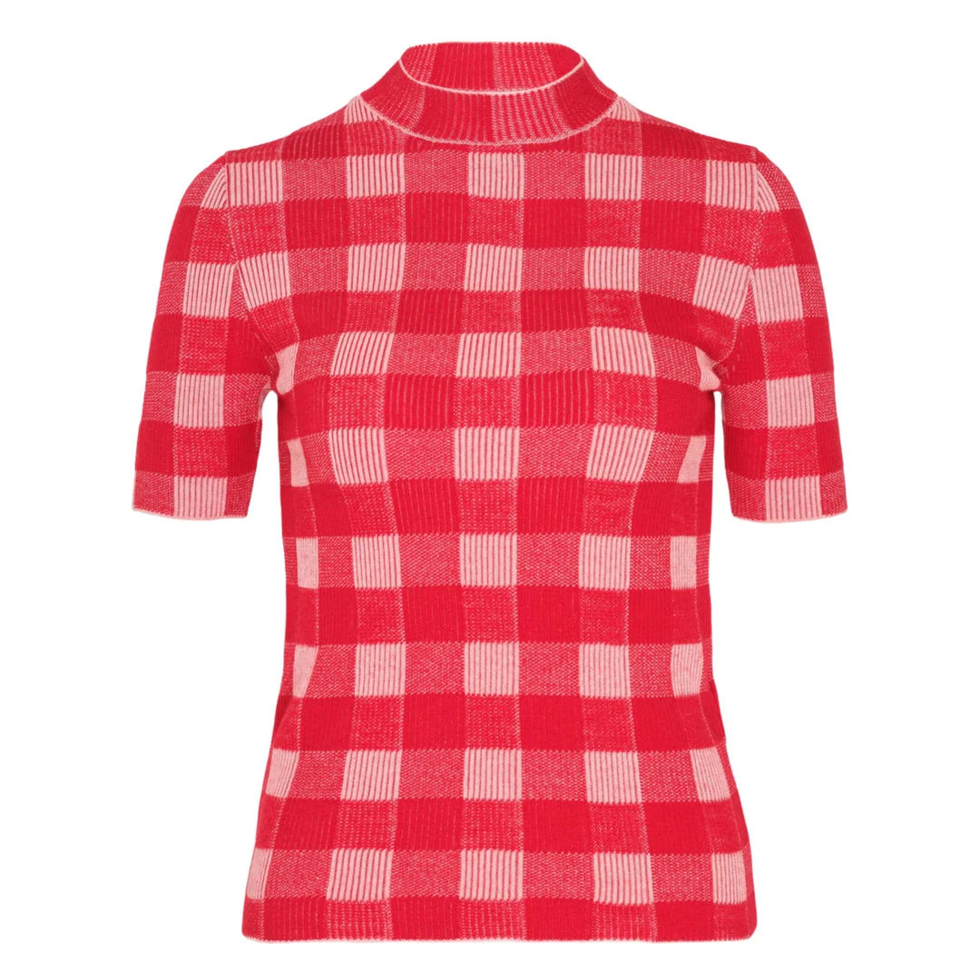 Short Sleeve Gingham Knit Sweater - 1