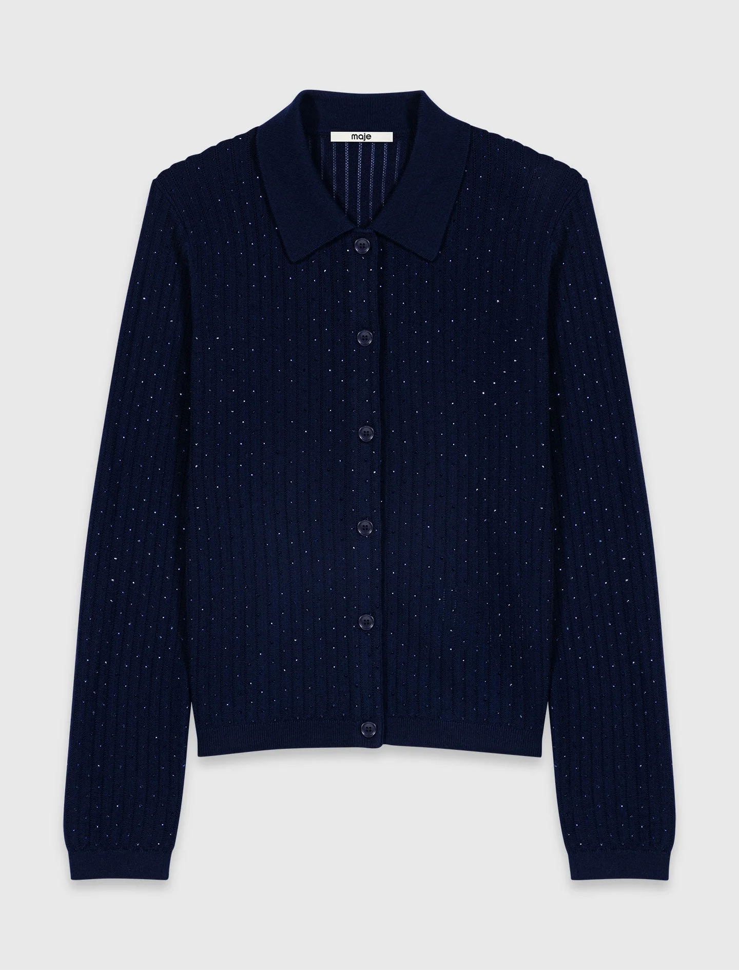Rhinestone polo collar cardigan - 1