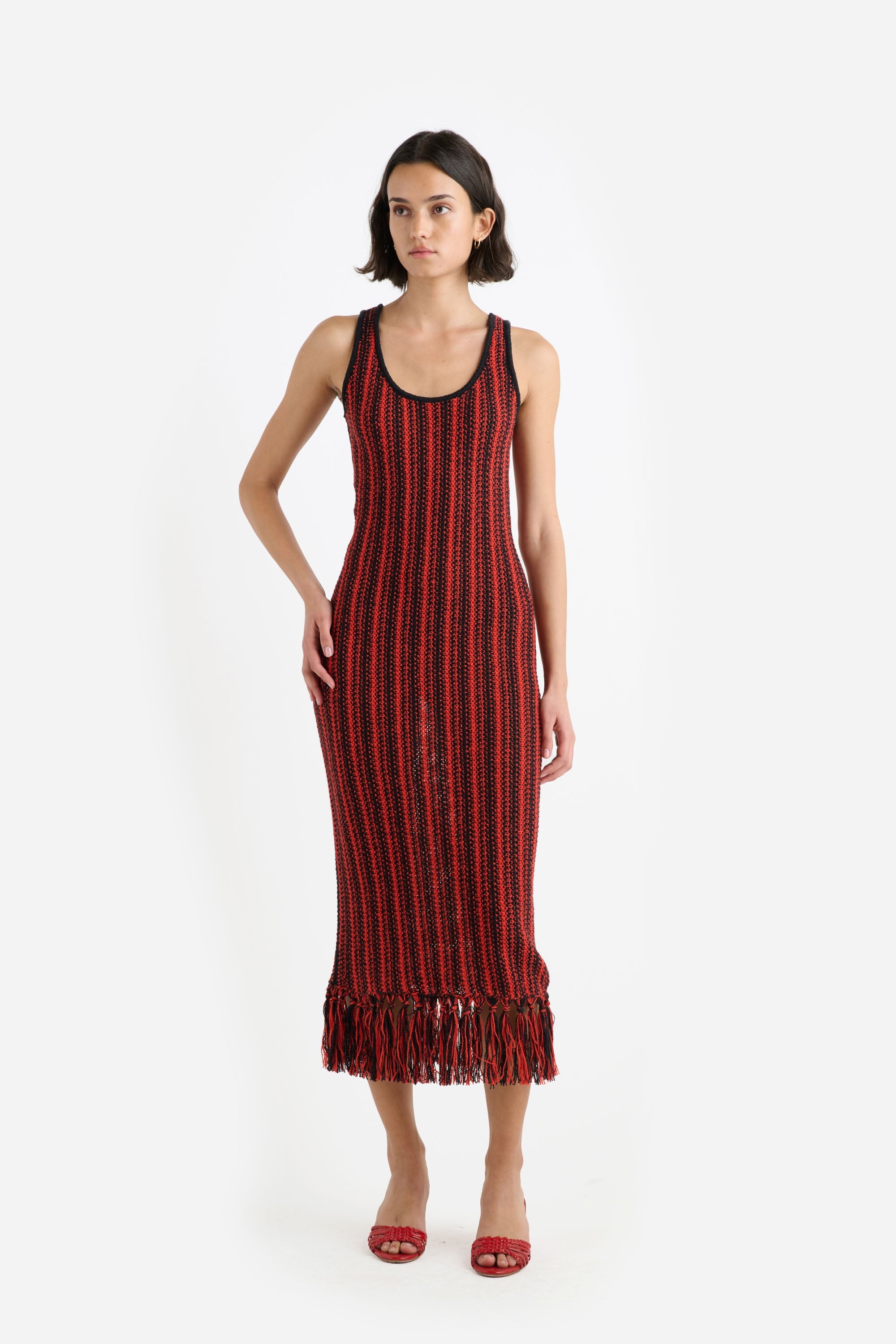 STRIPE SCOOPNECK FRINGE DRESS - 2