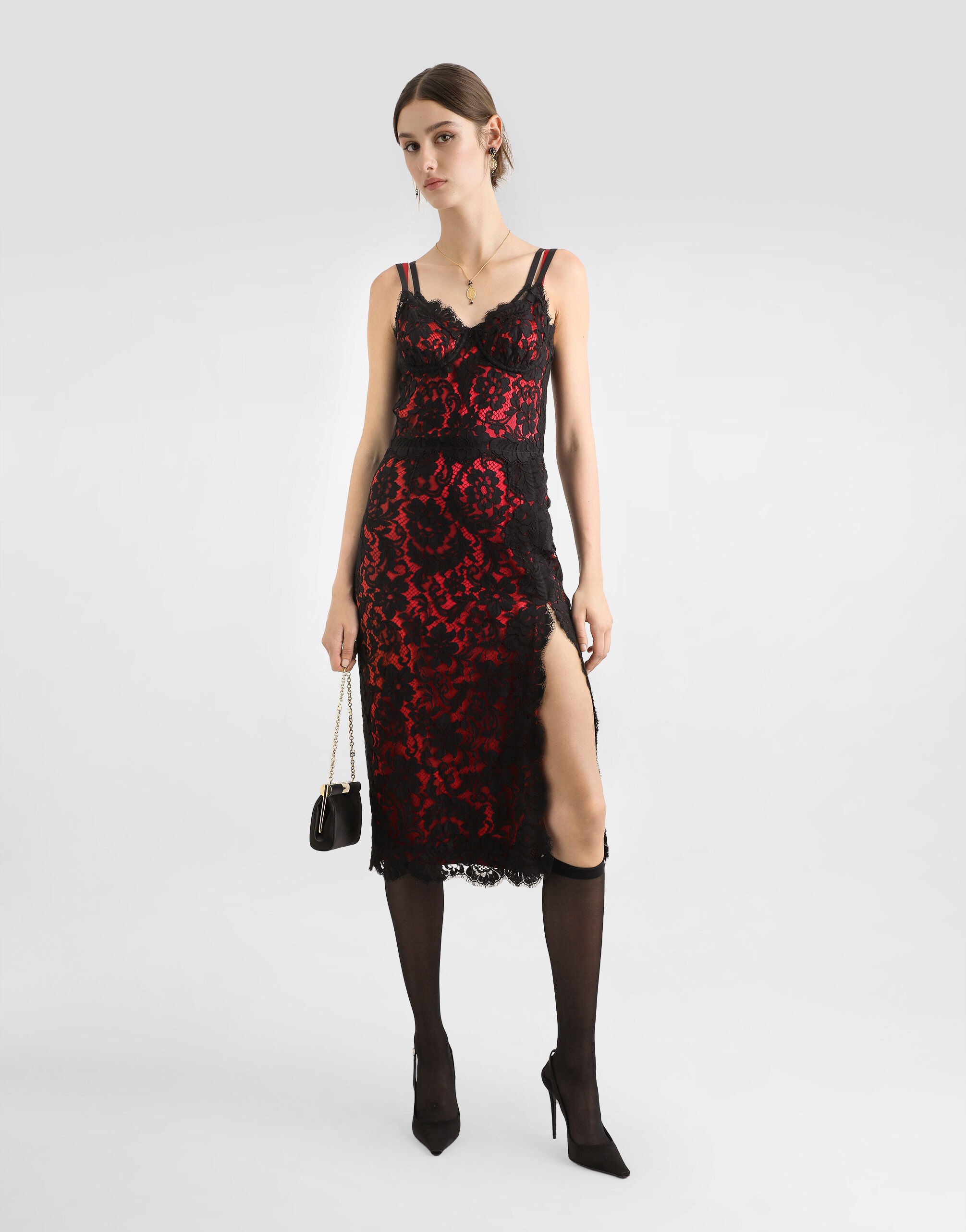 Calf-length floral lace slip dress with contrasting lining - 2
