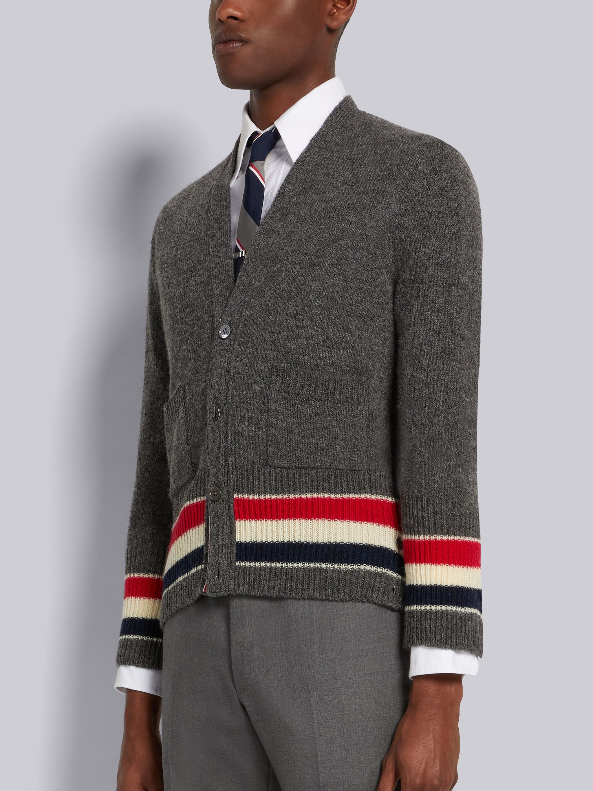 Medium Grey Jersey Stitch Shetland Stripe Classic V-Neck Cardigan - 2