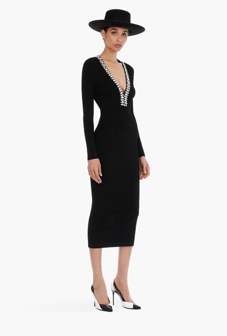 Mid-length black knit dress with silver embroidery - 2