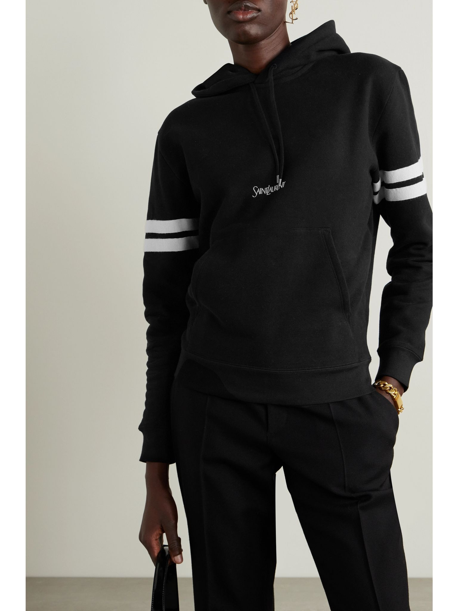 Striped embroidered cotton-jersey hoodie Black - 3