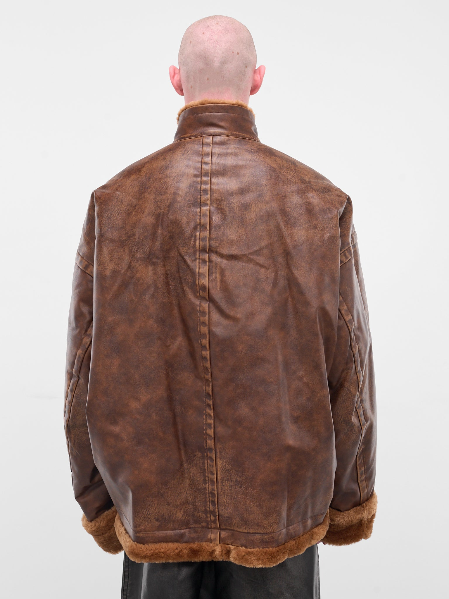 Brown Oversized Leather Shearling Jacket - 3