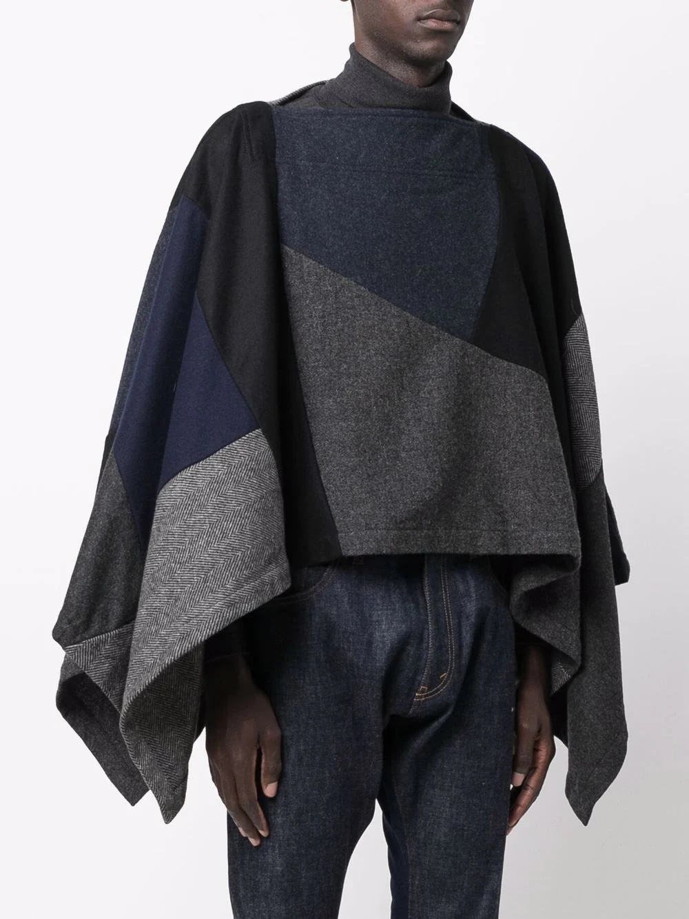 patchwork wool cropped poncho - 3