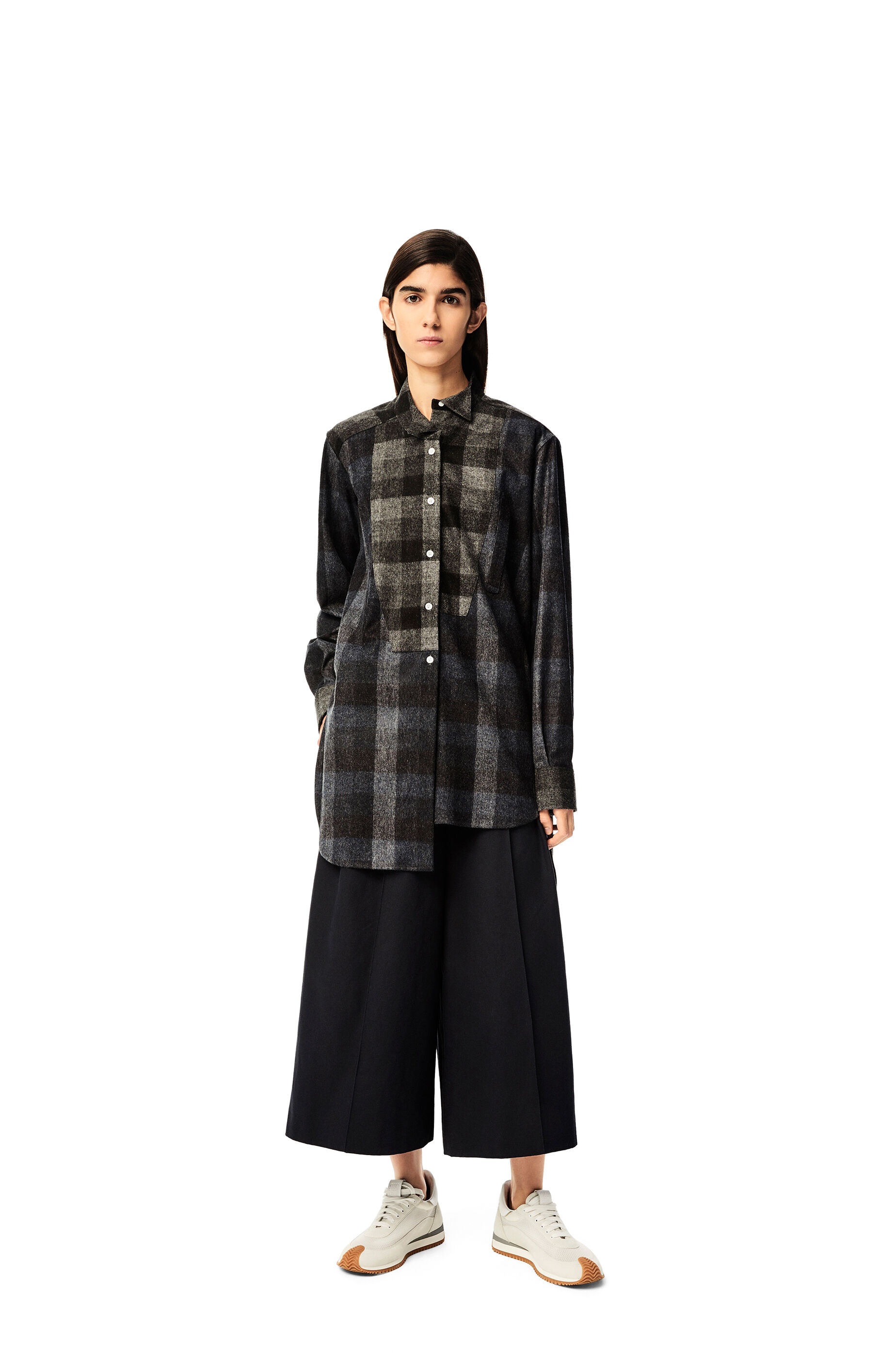 Long asymmetric patchwork shirt in check wool - 2